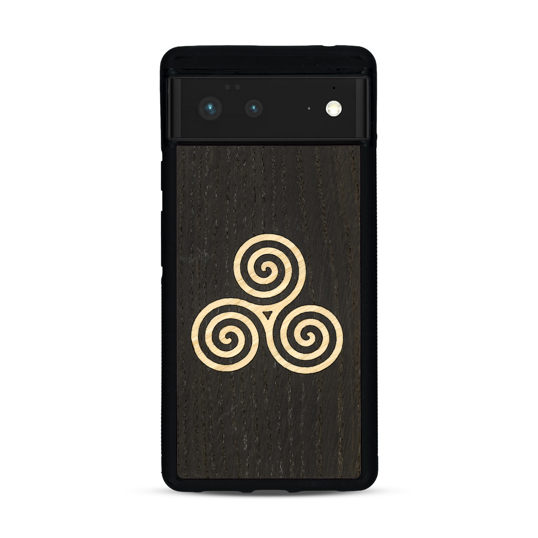 Coque de protection en bois véritable fabriquée en France pour Google Pixel 6 alliant du chêne fumé et du bambou et doré représentant un triskell
