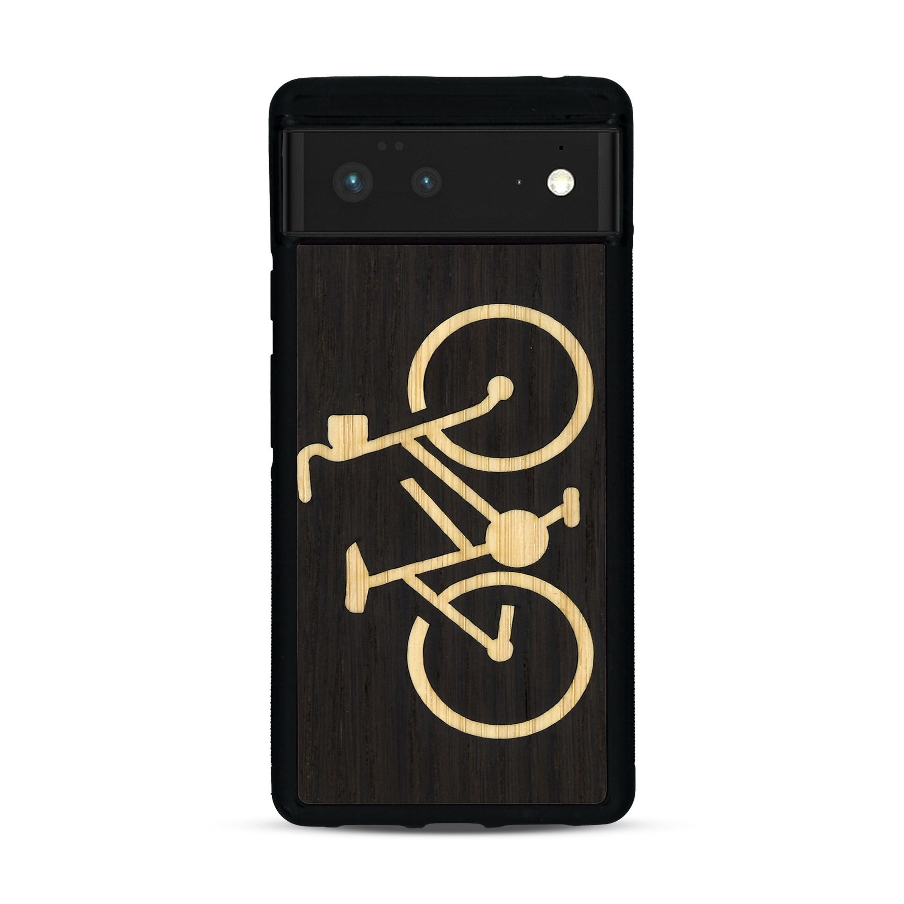 Coque de protection en bois véritable fabriquée en France pour  sur le theme du vélo et de l'outdoor qui allie du bambou et du chêne fumé représentant un vélo