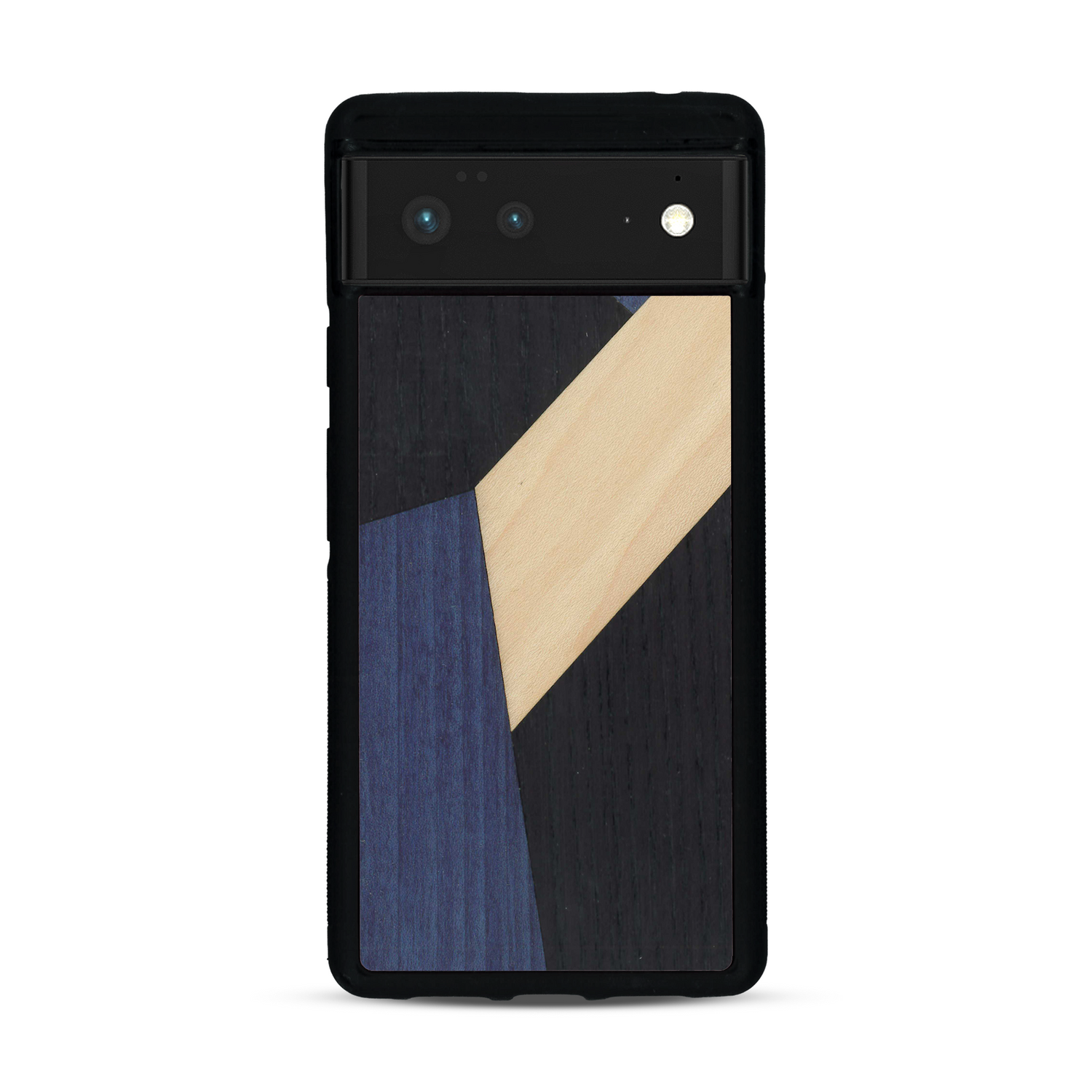 Coque de protection en bois véritable fabriquée en France pour  alliant du bambou, du tulipier bleu et noir en forme de mosaïque minimaliste sur le thème de l'art abstrait