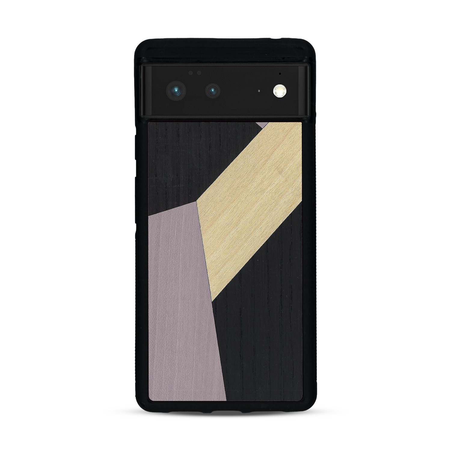 Coque de protection en bois véritable fabriquée en France pour  alliant du bambou, du tulipier mauve et noir en forme de mosaïque minimaliste sur le thème de l'art abstrait