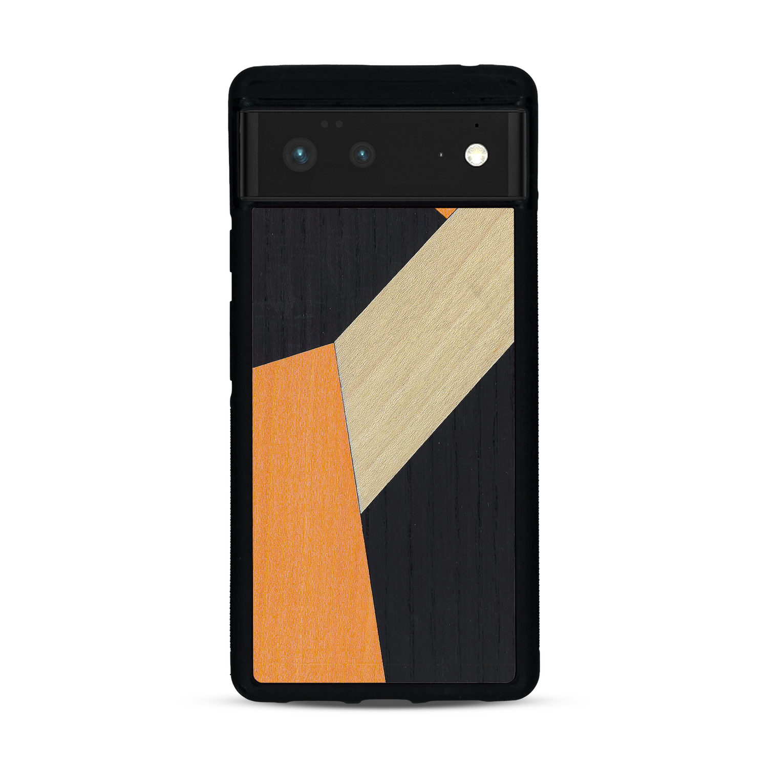 Coque de protection en bois véritable fabriquée en France pour  alliant du bambou, du tulipier orange et noir en forme de mosaïque minimaliste sur le thème de l'art abstrait