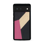 Coque de protection en bois véritable fabriquée en France pour  alliant du bambou, du tulipier rose et noir en forme de mosaïque minimaliste sur le thème de l'art abstrait