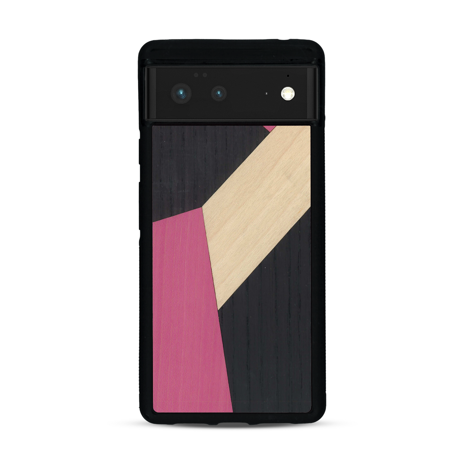 Coque de protection en bois véritable fabriquée en France pour  alliant du bambou, du tulipier rose et noir en forme de mosaïque minimaliste sur le thème de l'art abstrait