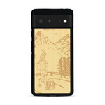 Coque de protection en bois véritable fabriquée en France pour  sur le thème de la randonnée en montagne et de l'aventure avec une gravure représentant une femme de dos face à un paysage de nature