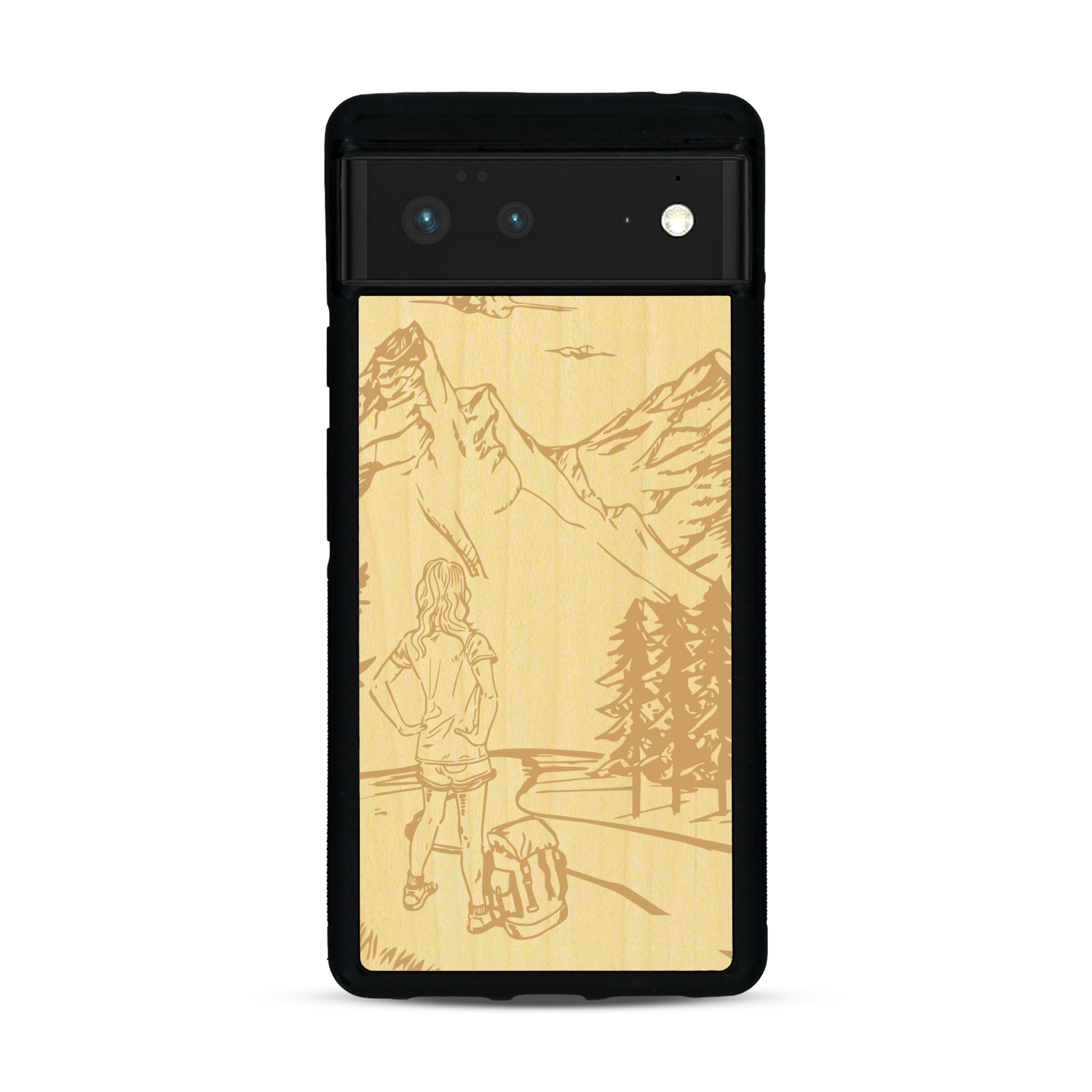 Coque de protection en bois véritable fabriquée en France pour  sur le thème de la randonnée en montagne et de l'aventure avec une gravure représentant une femme de dos face à un paysage de nature
