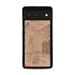 Coque de protection en bois véritable fabriquée en France pour  sur le thème de la randonnée en montagne et de l'aventure avec une gravure représentant une femme de dos face à un paysage de nature