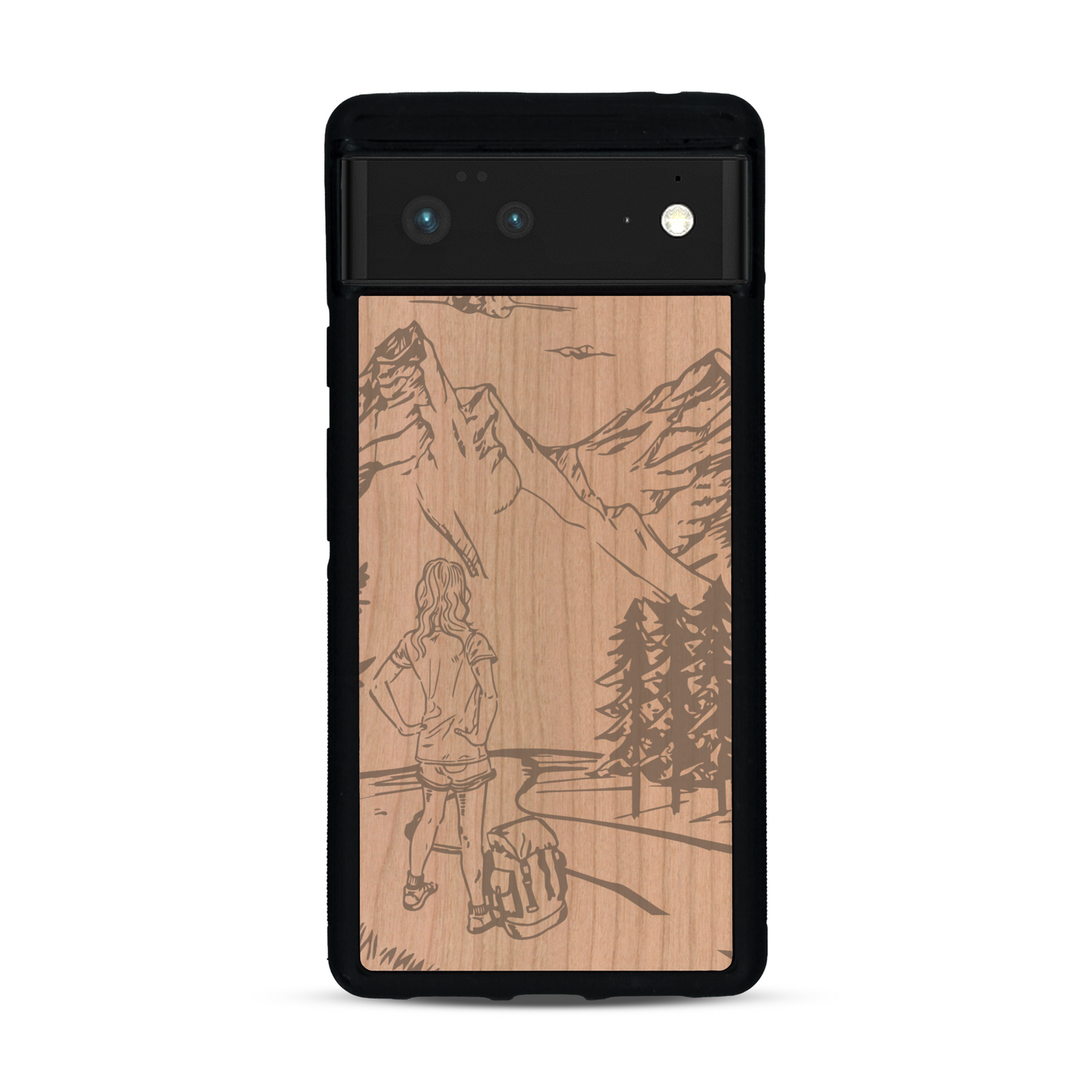 Coque de protection en bois véritable fabriquée en France pour  sur le thème de la randonnée en montagne et de l'aventure avec une gravure représentant une femme de dos face à un paysage de nature