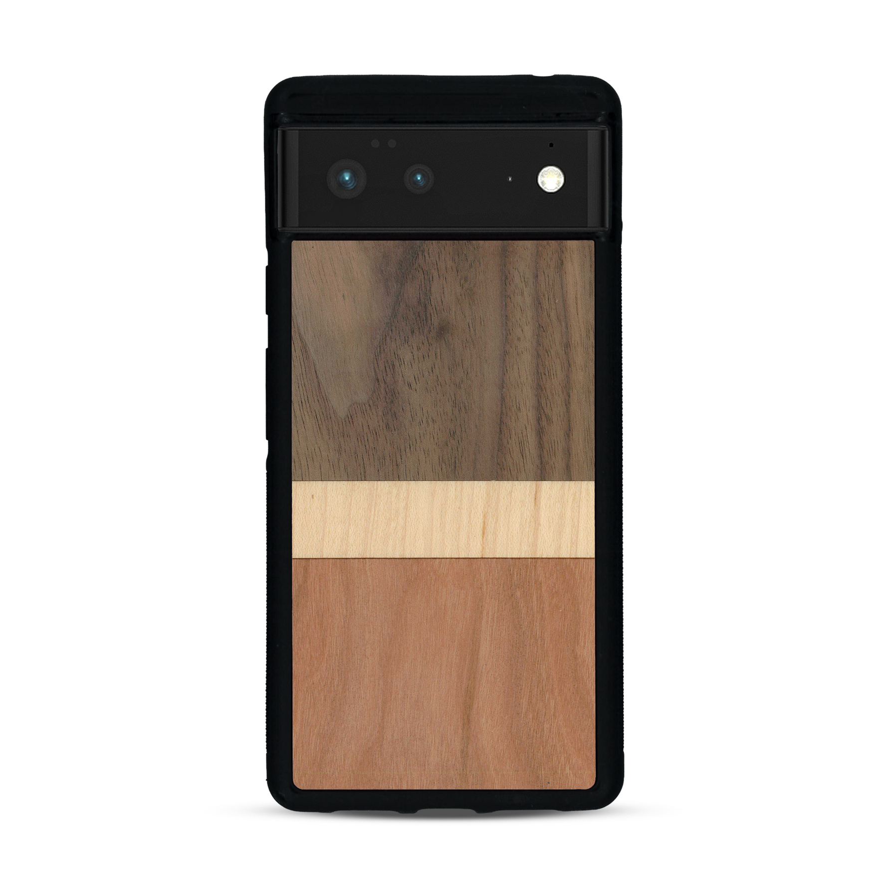 Coque de protection en bois véritable fabriquée en France pour  alliant des bandes horizontales de bambou, merisier et noyer