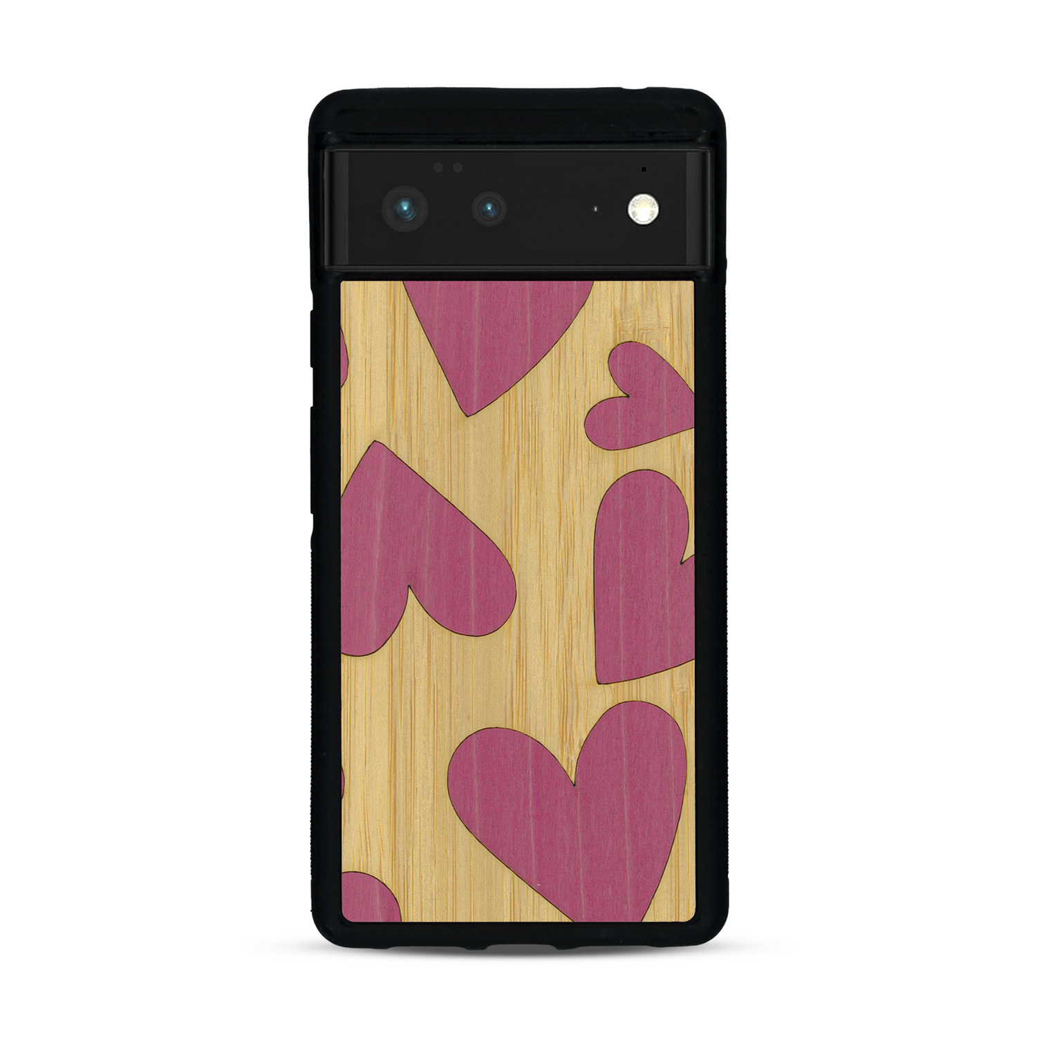 Coque de protection en bois véritable fabriquée en France pour  alliant plusieurs essences de bois pour représenter des coeurs pour les amoureux