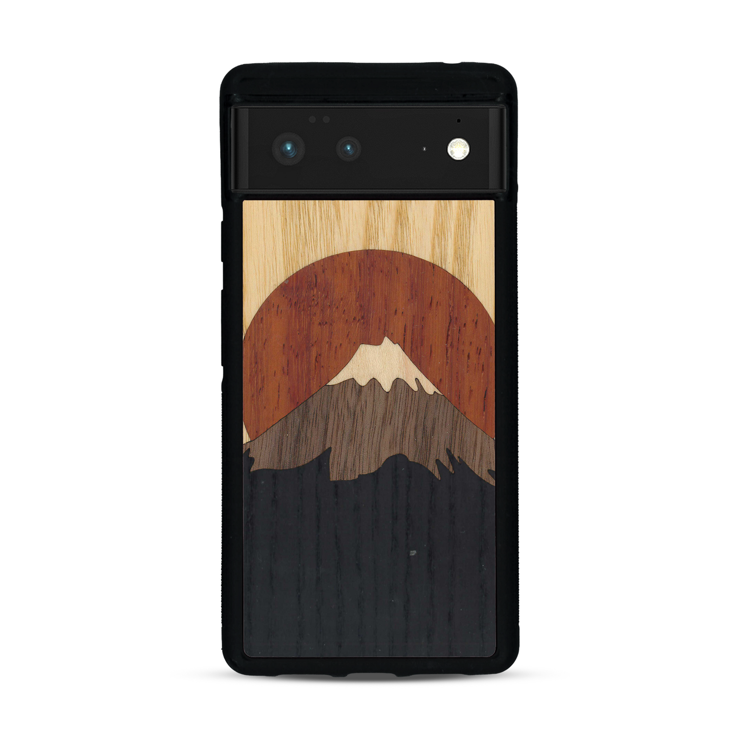 Coque de protection en bois véritable fabriquée en France pour  alliant plusieurs essences de bois pour représenter le mont Fuji