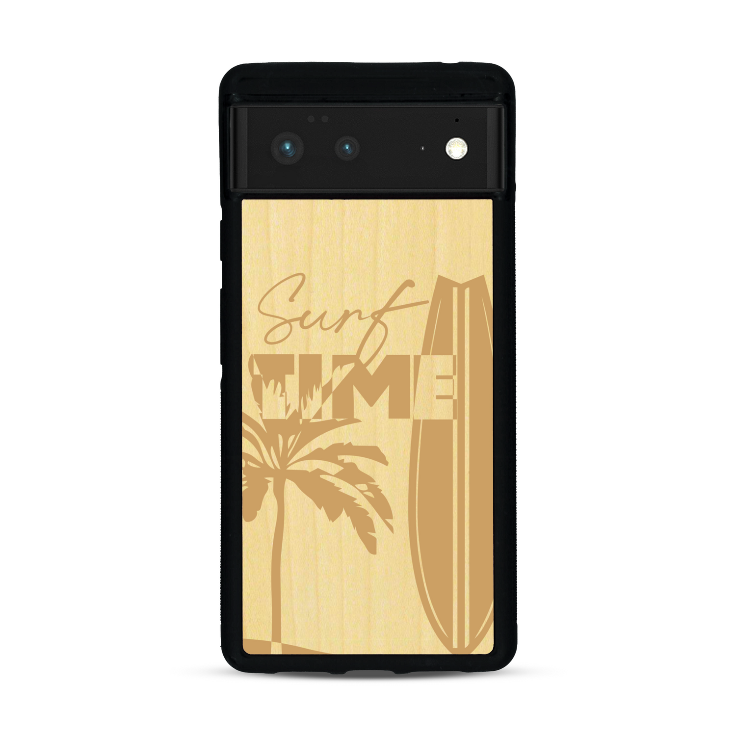 Coque de protection en bois véritable fabriquée en France pour  sur le thème chill avec un motif représentant une silouhette tenant une planche de surf sur une plage entouré de palmiers et les mots "Surf Time Long Beach Miami"
