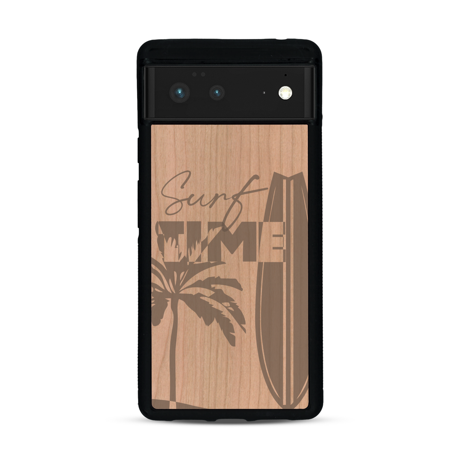 Coque de protection en bois véritable fabriquée en France pour  sur le thème chill avec un motif représentant une silouhette tenant une planche de surf sur une plage entouré de palmiers et les mots "Surf Time Long Beach Miami"