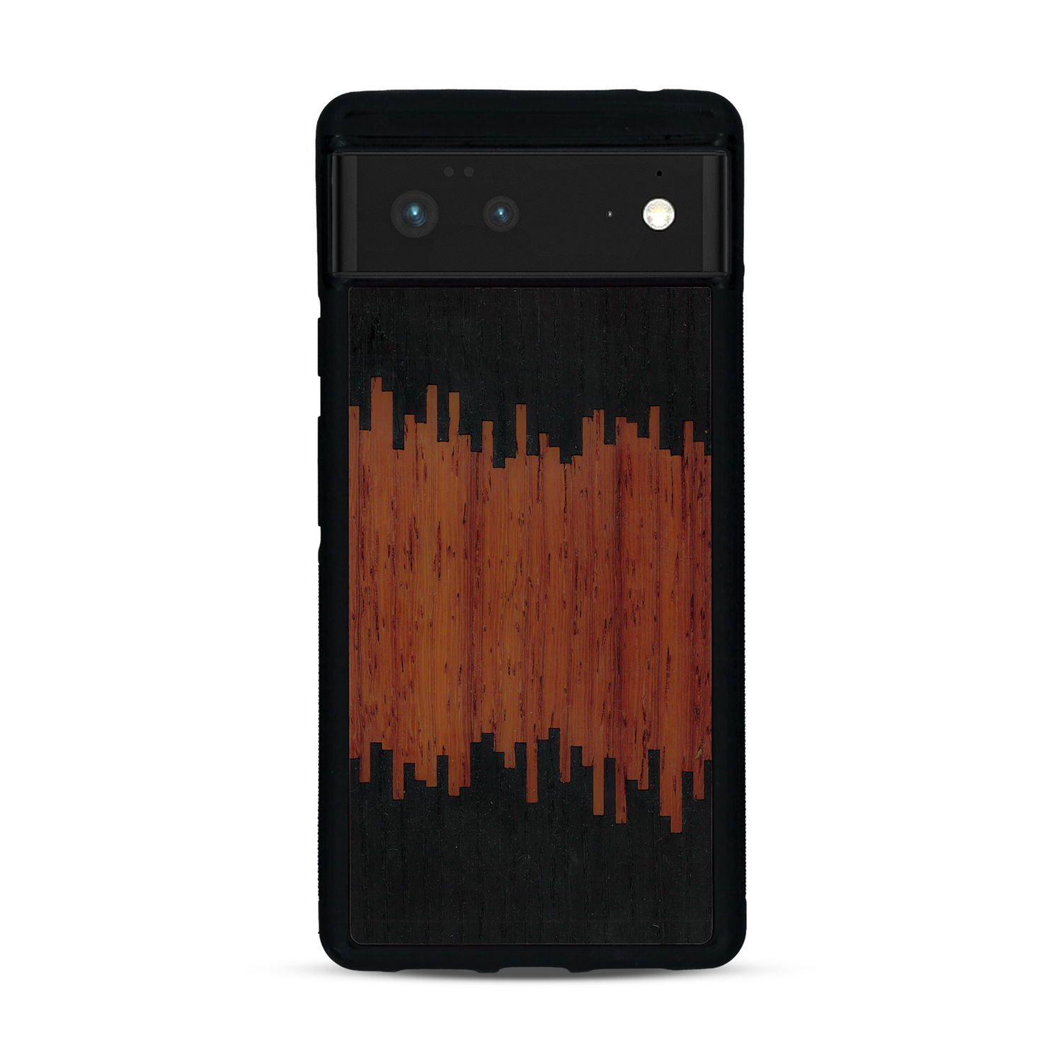Coque de protection en bois véritable fabriquée en France pour  alliant plusieurs essences de bois pour représenter du magma en fusion