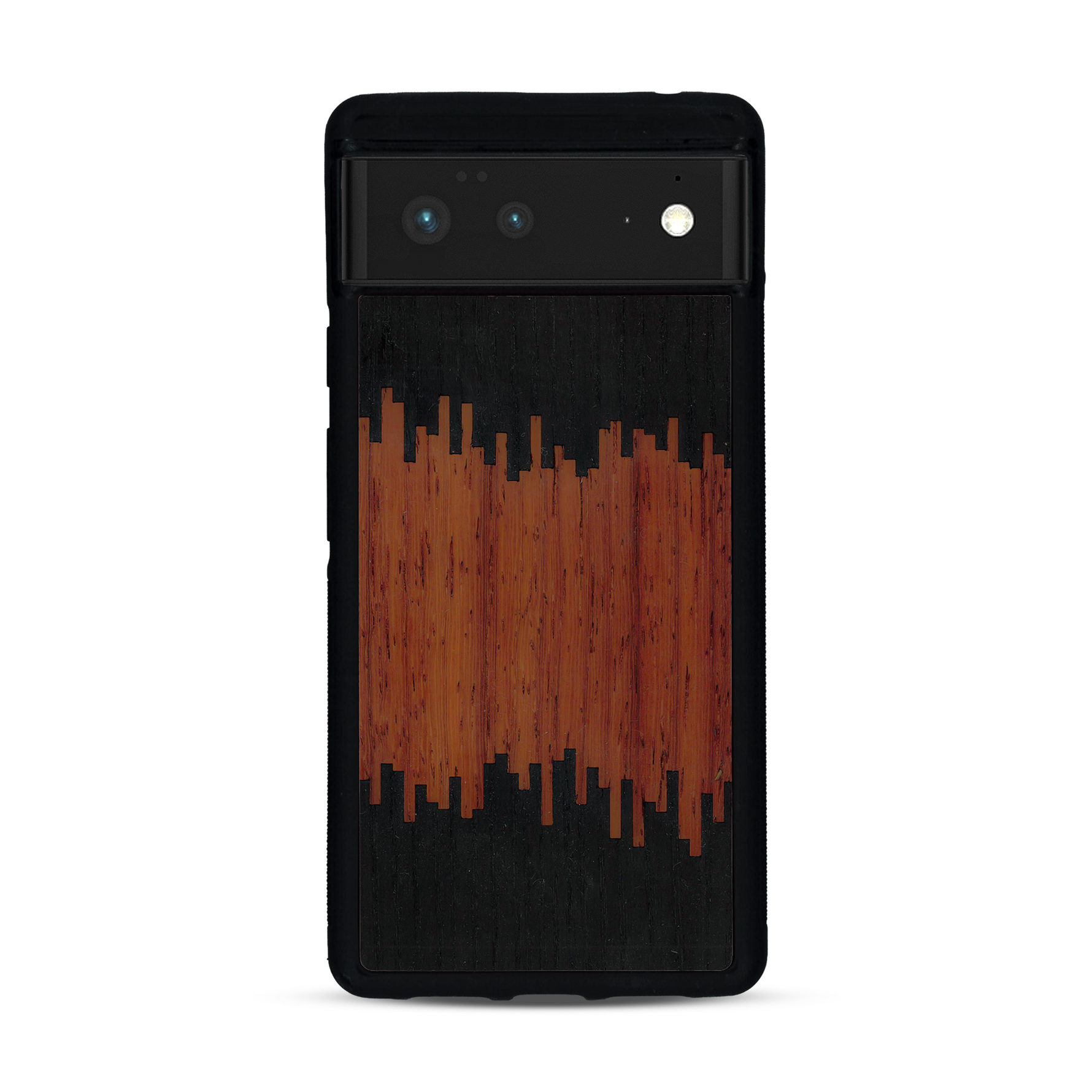 Coque de protection en bois véritable fabriquée en France pour  alliant plusieurs essences de bois pour représenter du magma en fusion