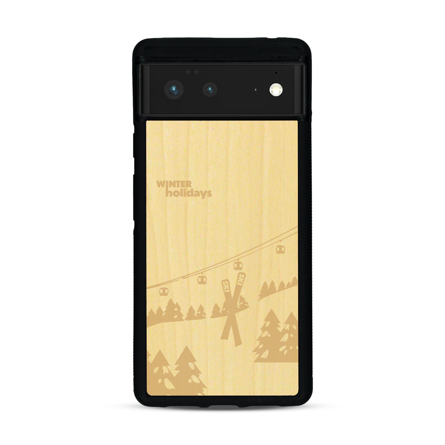 Coque de protection en bois véritable fabriquée en France pour  sur le thème de la montagne, du ski et de la neige avec un motif représentant une paire de ski plantée dans la neige avec en fond des montagnes enneigées