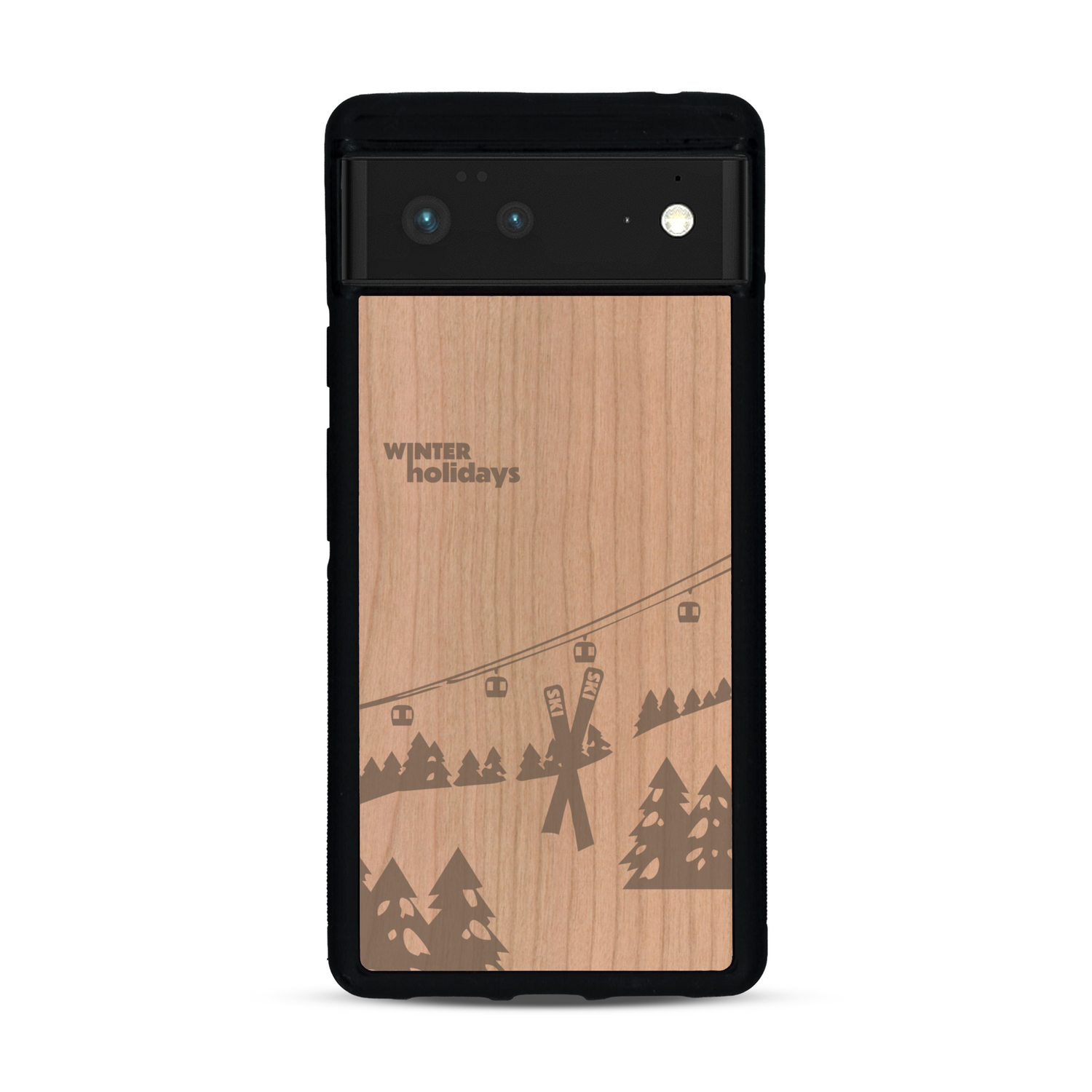 Coque de protection en bois véritable fabriquée en France pour  sur le thème de la montagne, du ski et de la neige avec un motif représentant une paire de ski plantée dans la neige avec en fond des montagnes enneigées