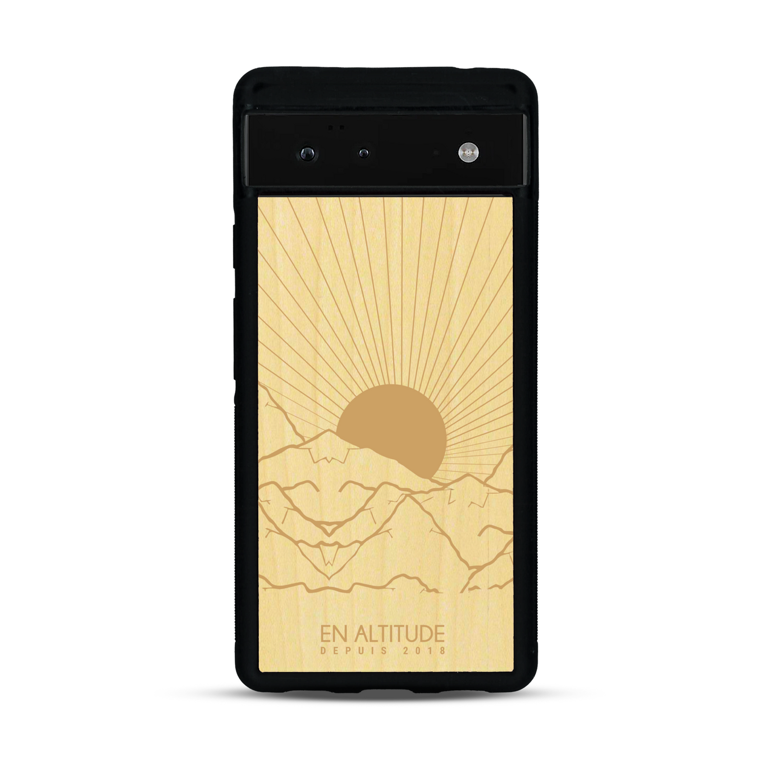 Coque de protection en bois véritable fabriquée en France pour  représentant des montagnes, sur le thème de la randonnée en pleine nature et du trail