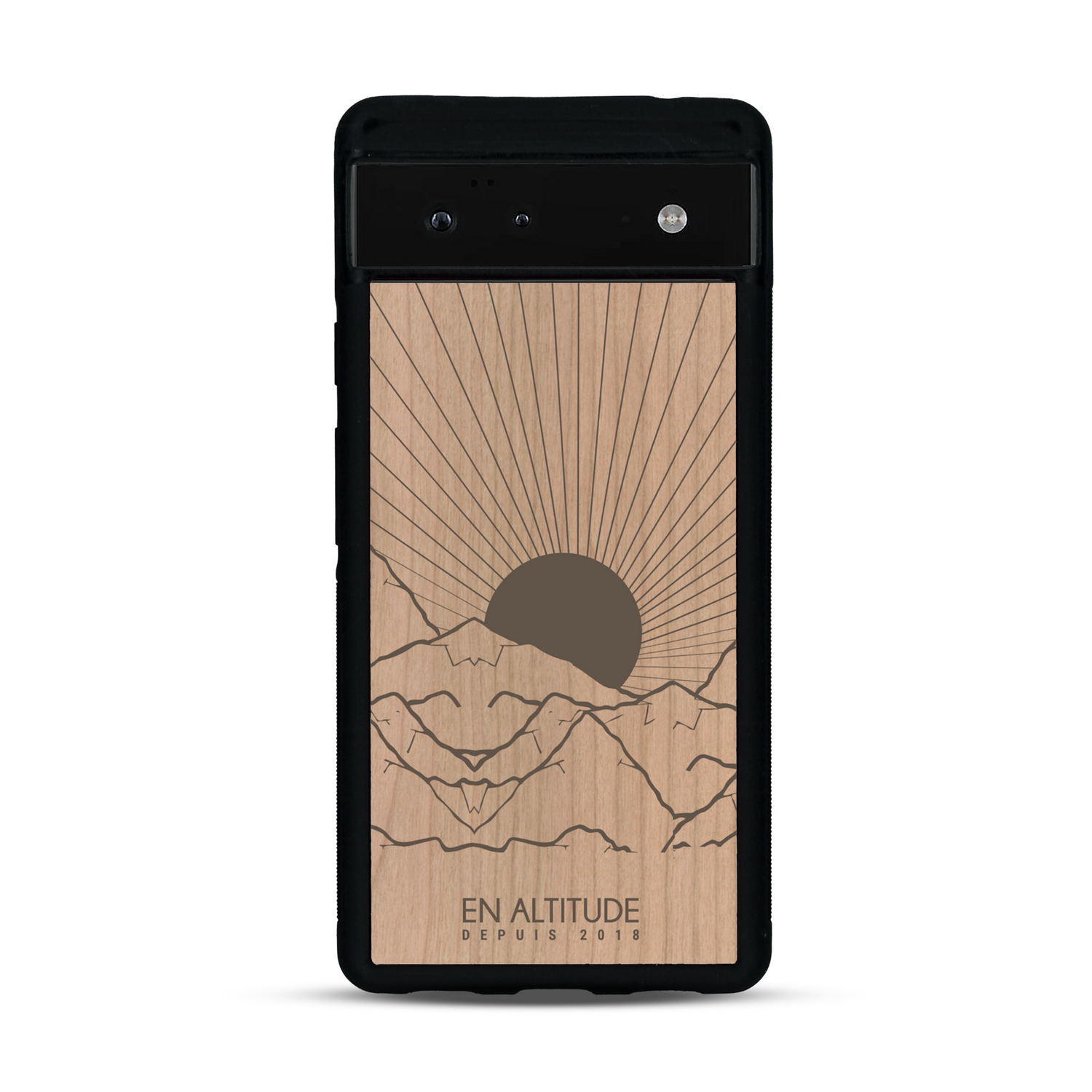Coque de protection en bois véritable fabriquée en France pour  représentant des montagnes, sur le thème de la randonnée en pleine nature et du trail