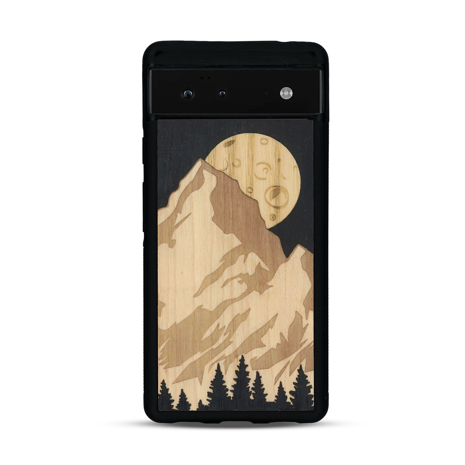 Coque de protection en bois véritable fabriquée en France pour  alliant plusieurs essences de bois pour représenter le mont Everest