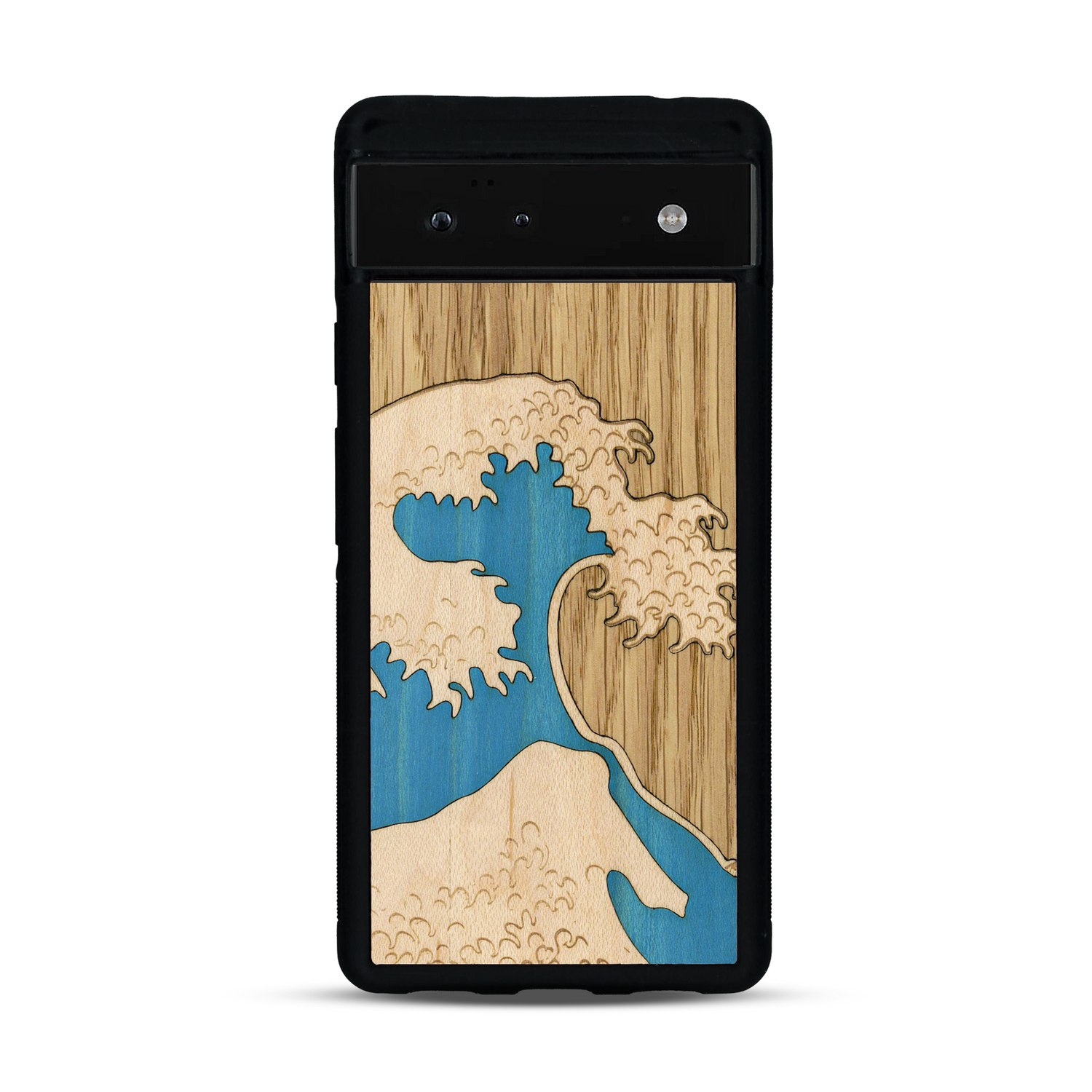 Coque de protection en bois véritable fabriquée en France pour  alliant plusieurs essences de bois pour représenter la célèbre grande vague de Kanagawa
