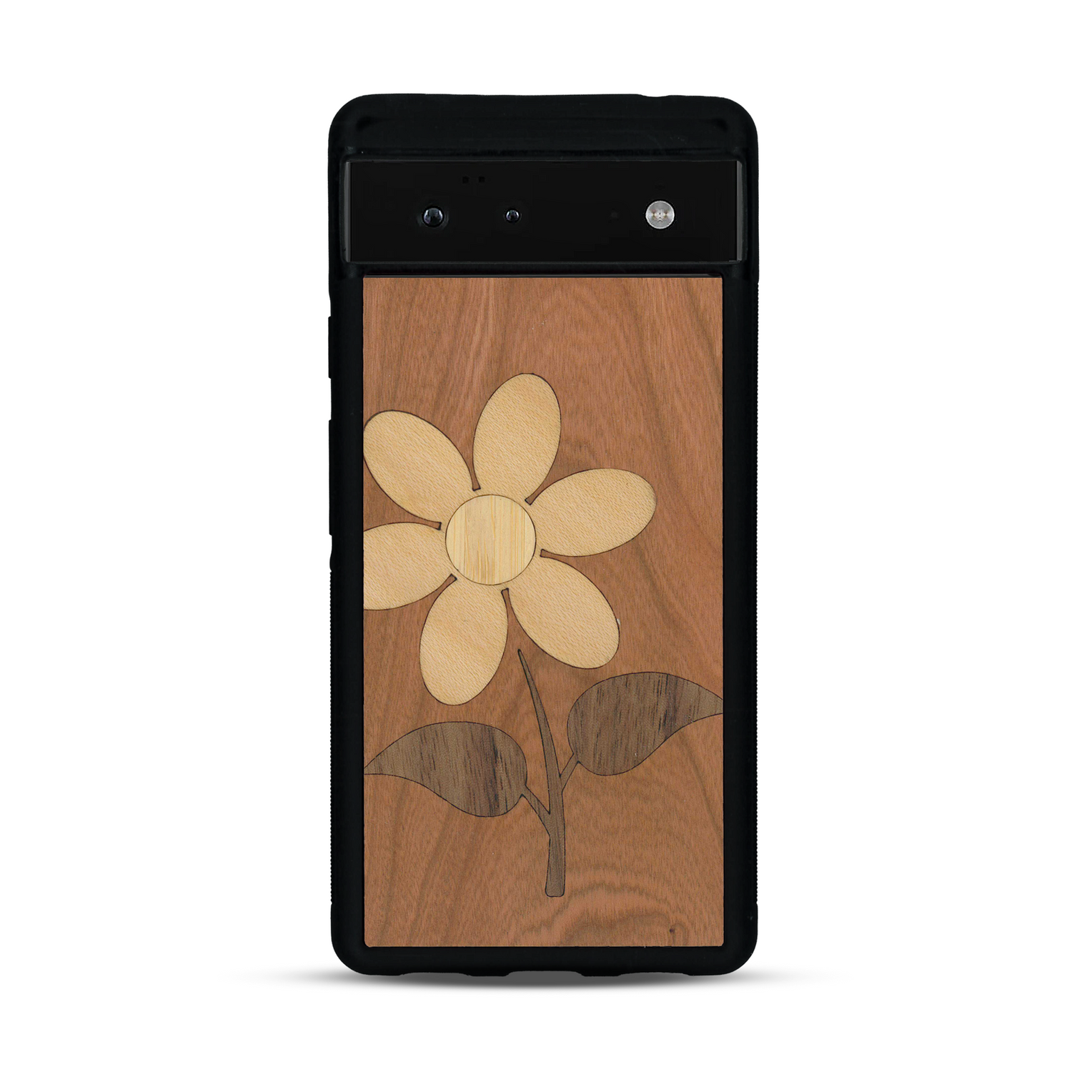 Coque de protection en bois véritable fabriquée en France pour  alliant plusieurs essences de bois pour représenter une marguerite