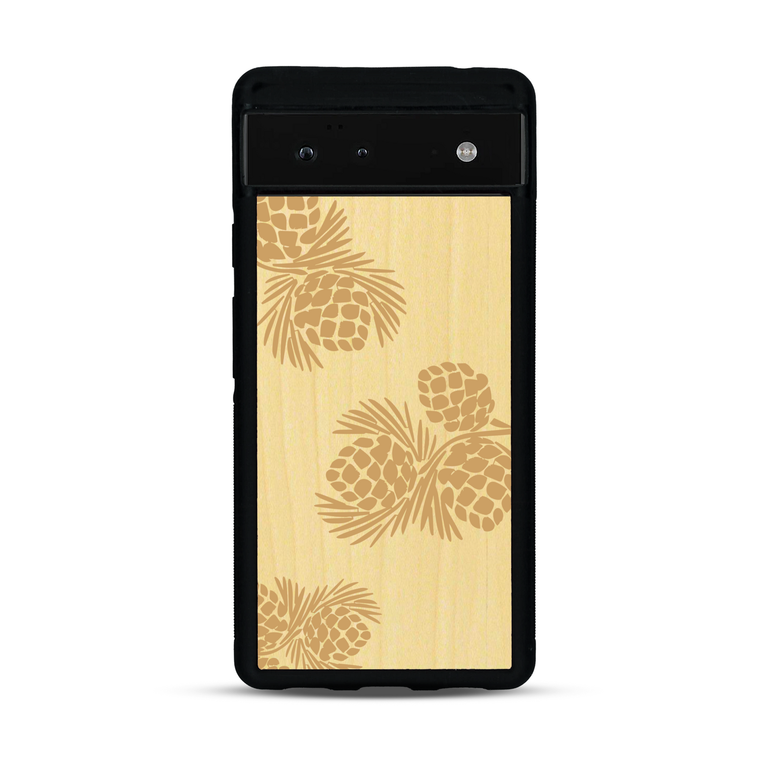 Coque de protection en bois véritable fabriquée en France pour  sur le thème de la nature des arbres avec un motif de gravure représentant des épines de sapin et des pommes de pin
