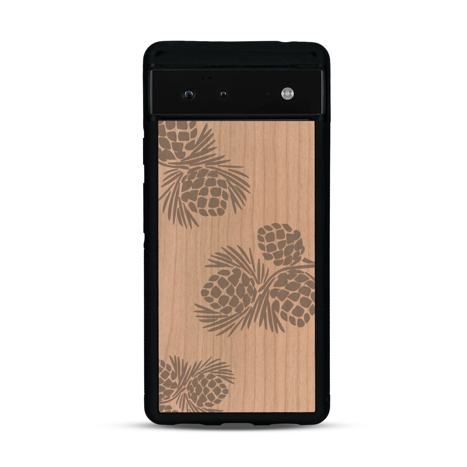 Coque de protection en bois véritable fabriquée en France pour  sur le thème de la nature des arbres avec un motif de gravure représentant des épines de sapin et des pommes de pin