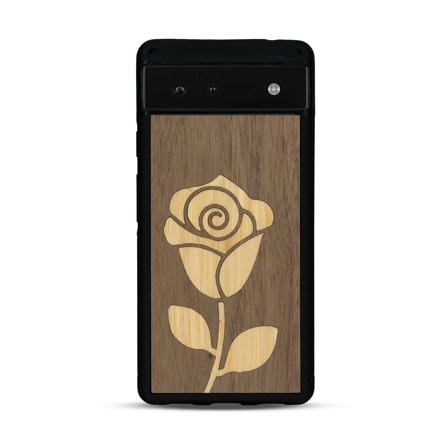 Coque de protection en bois véritable fabriquée en France pour  alliant plusieurs essences de bois pour représenter une rose
