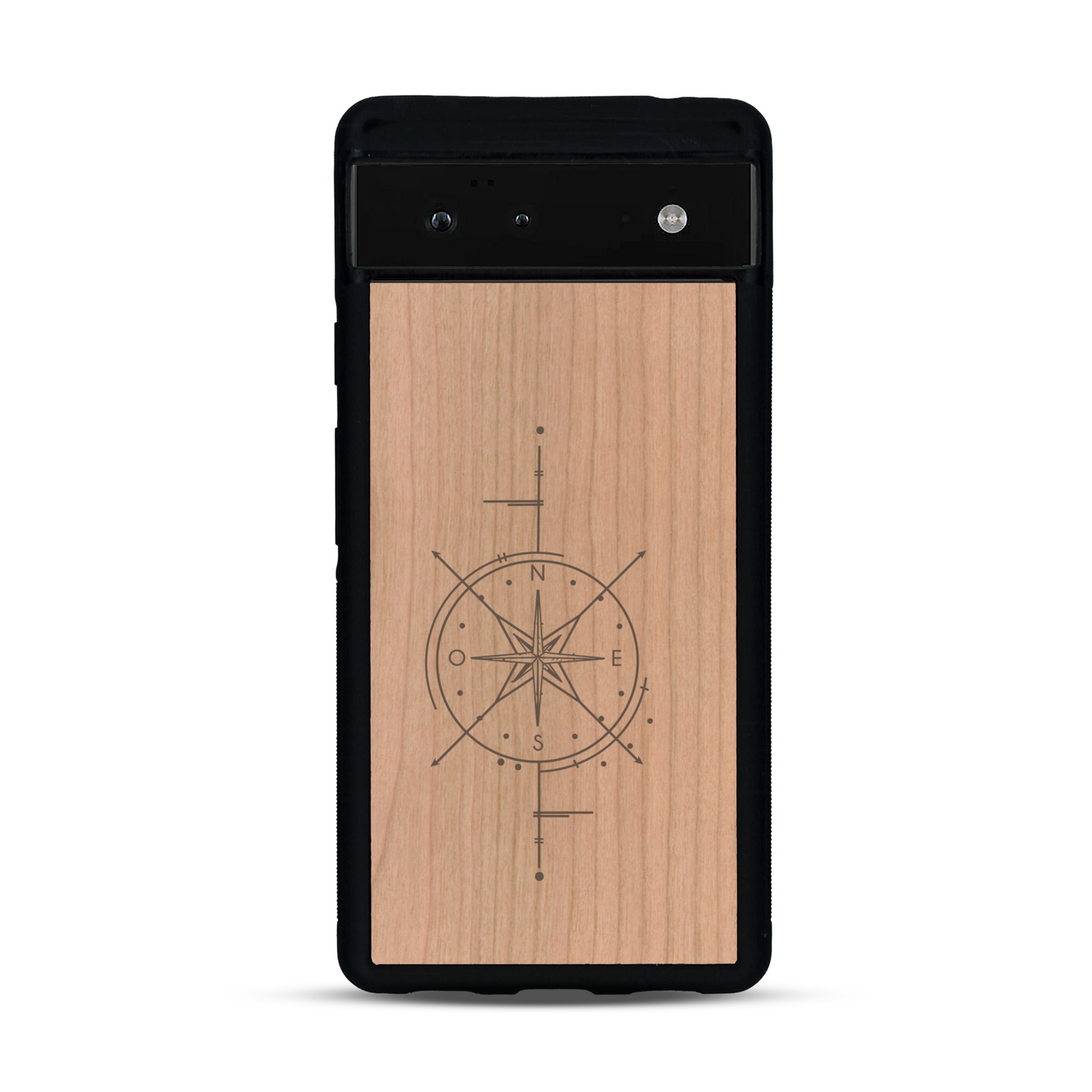Coque de protection en bois véritable fabriquée en France pour  avec une gravure "rose des vents" sur le thème nautique et de l'océan qui s'inspire des boussoles de pirate
