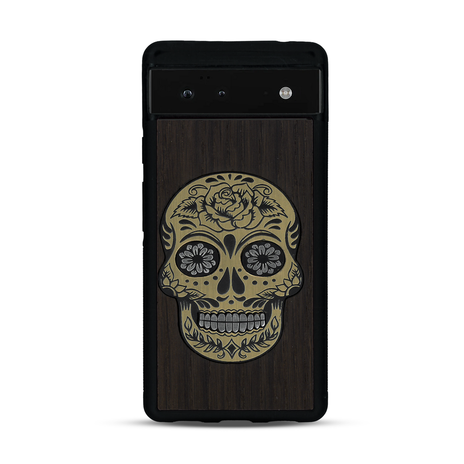Coque de protection en bois véritable fabriquée en France pour  alliant du chêne fumé avec du métal argenté et doré représentant une tête de mort mexicaine sur le thème Dia de los Muertos