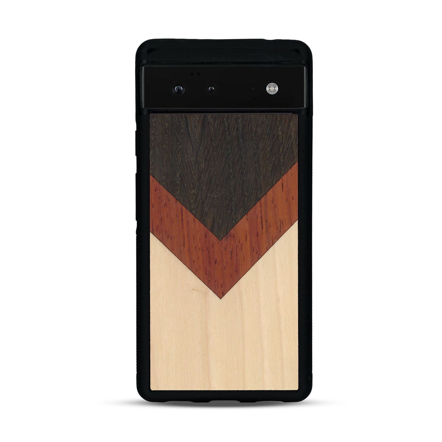 Coque de protection en bois véritable fabriquée en France pour  alliant du chêne fumé, du padouk et du bambou en forme de chevron sur le thème de l'art abstrait