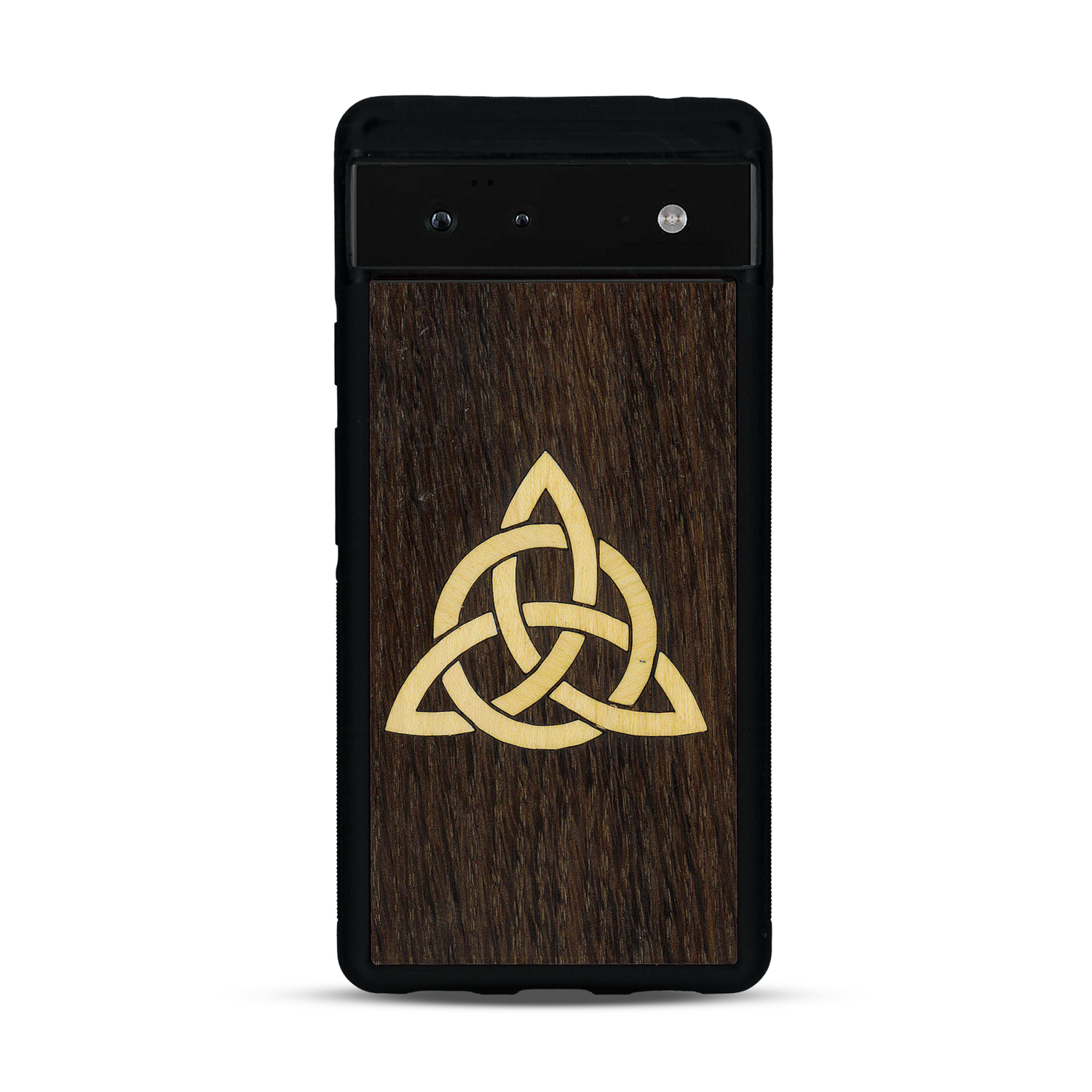 Coque de protection en bois véritable fabriquée en France pour  alliant du chêne fumé et du bambou représentant une triquetra