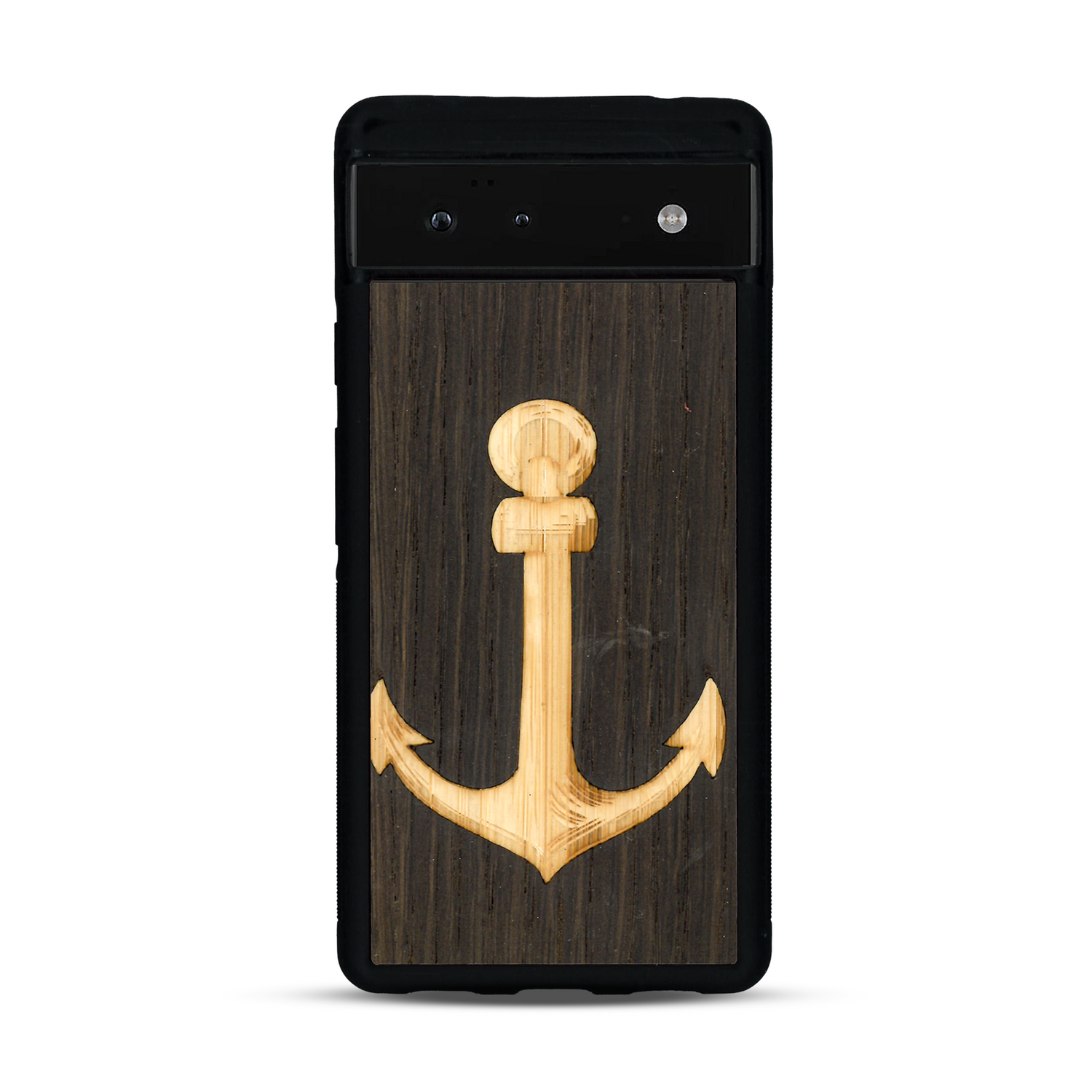 Coque de protection en bois véritable fabriquée en France pour  sur le thème nautique avec un bois clair et un bois foncé représentant une ancre de bateau