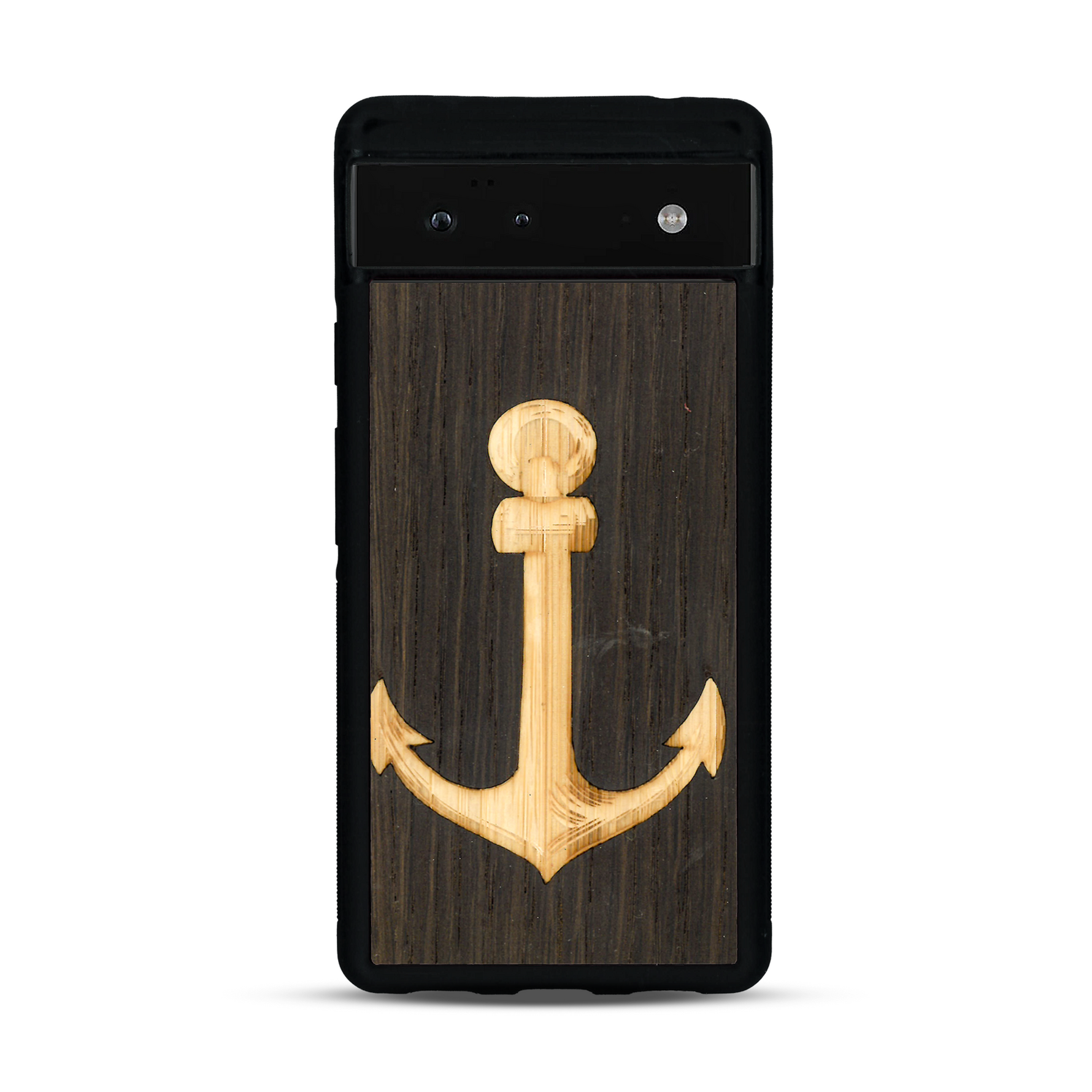Coque de protection en bois véritable fabriquée en France pour  sur le thème nautique avec un bois clair et un bois foncé représentant une ancre de bateau
