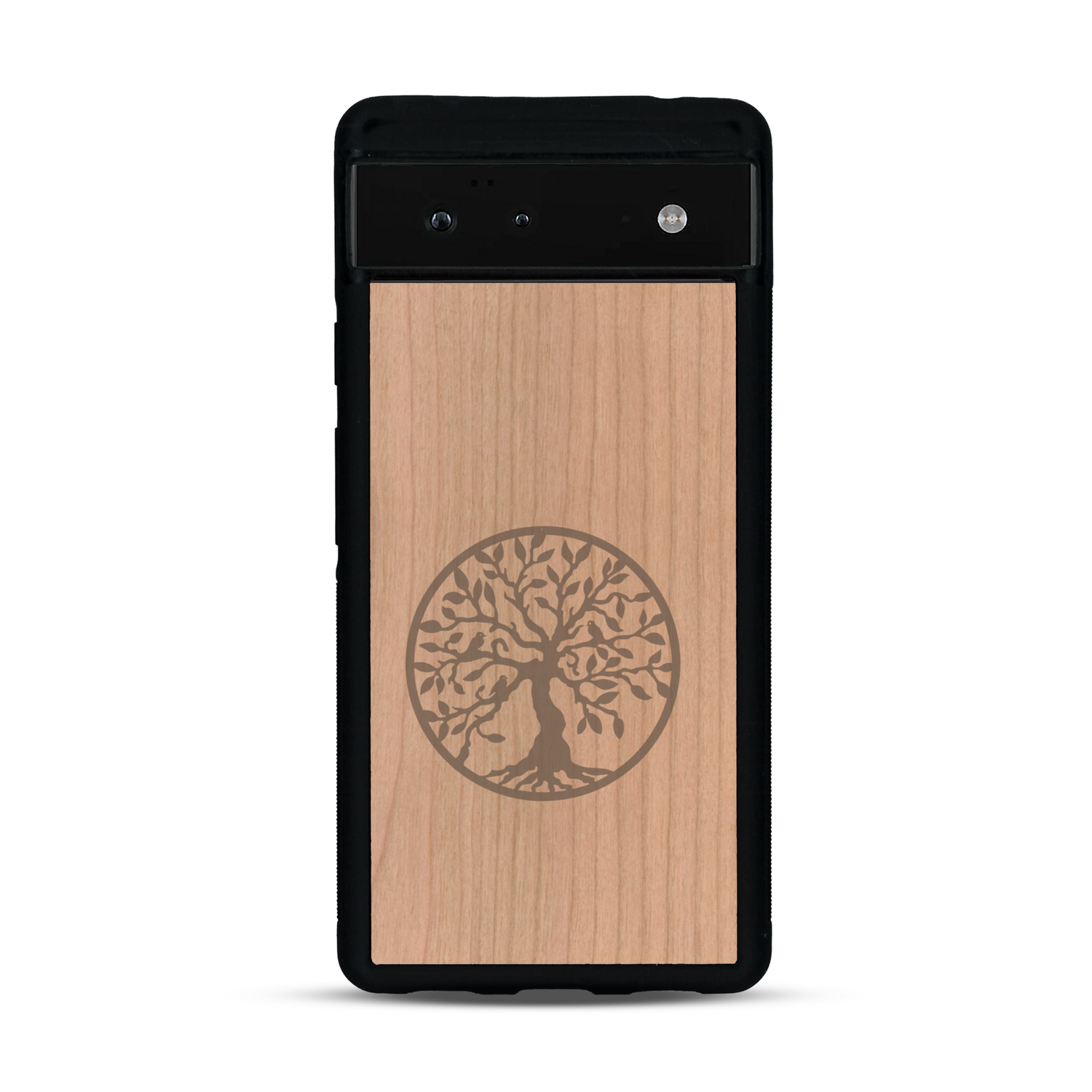 Coque de protection en bois véritable fabriquée en France pour  sur le thème de la spiritualité et du yoga avec une gravure zen représentant un arbre de vie