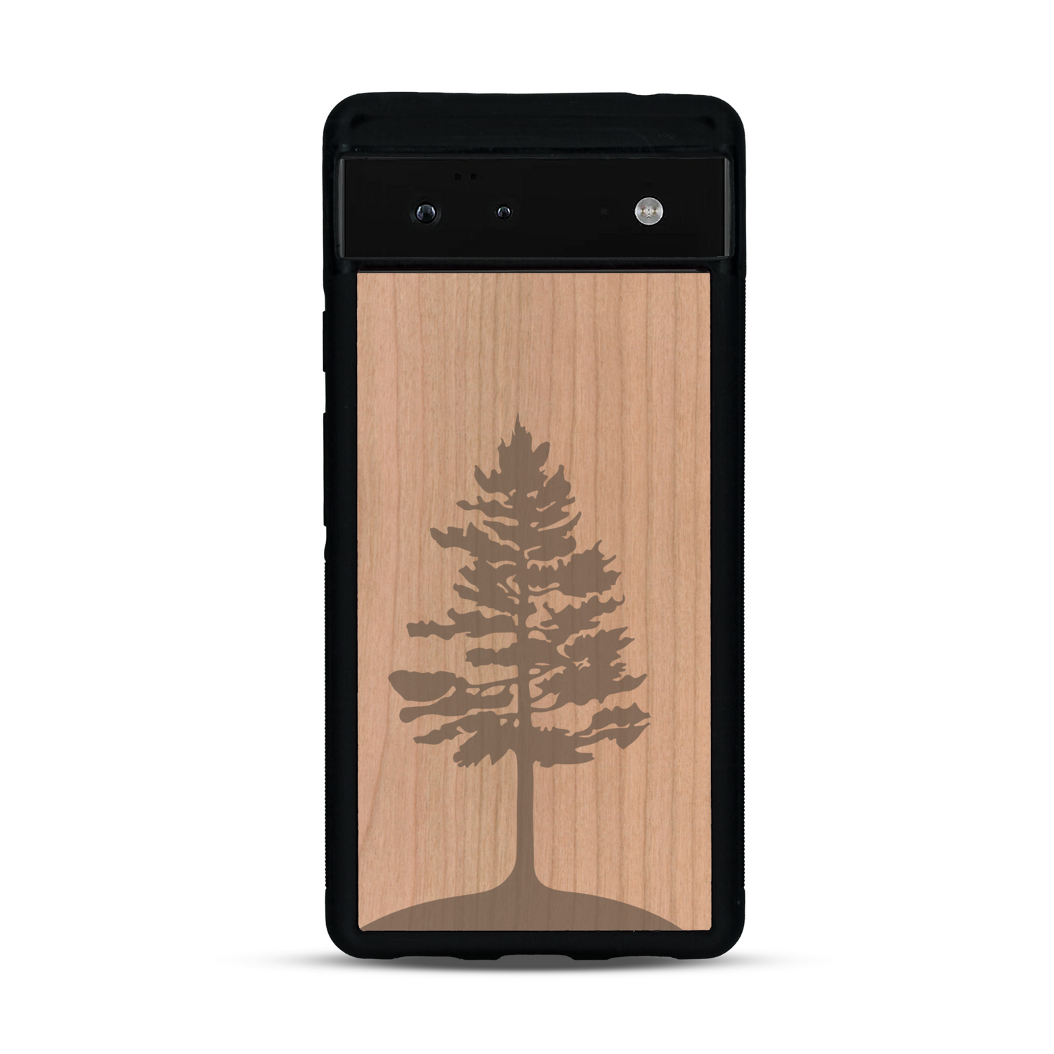 Coque de protection en bois véritable fabriquée en France pour  sur le thème de la nature, de la fôret et de l'écoresponsabilité avec une gravure représentant un arbre 