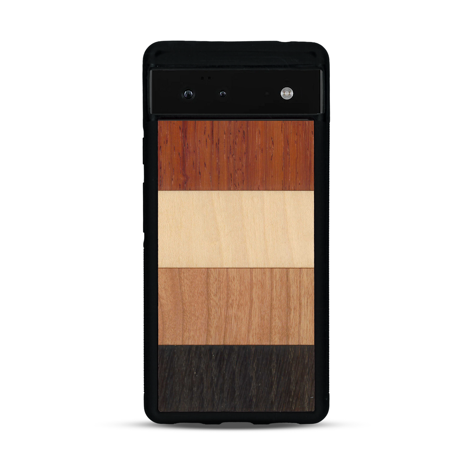 Coque de protection en bois véritable fabriquée en France pour  alliant des bandes horizontales de bambou, merisier, padouk, noyer et chêne fumé
