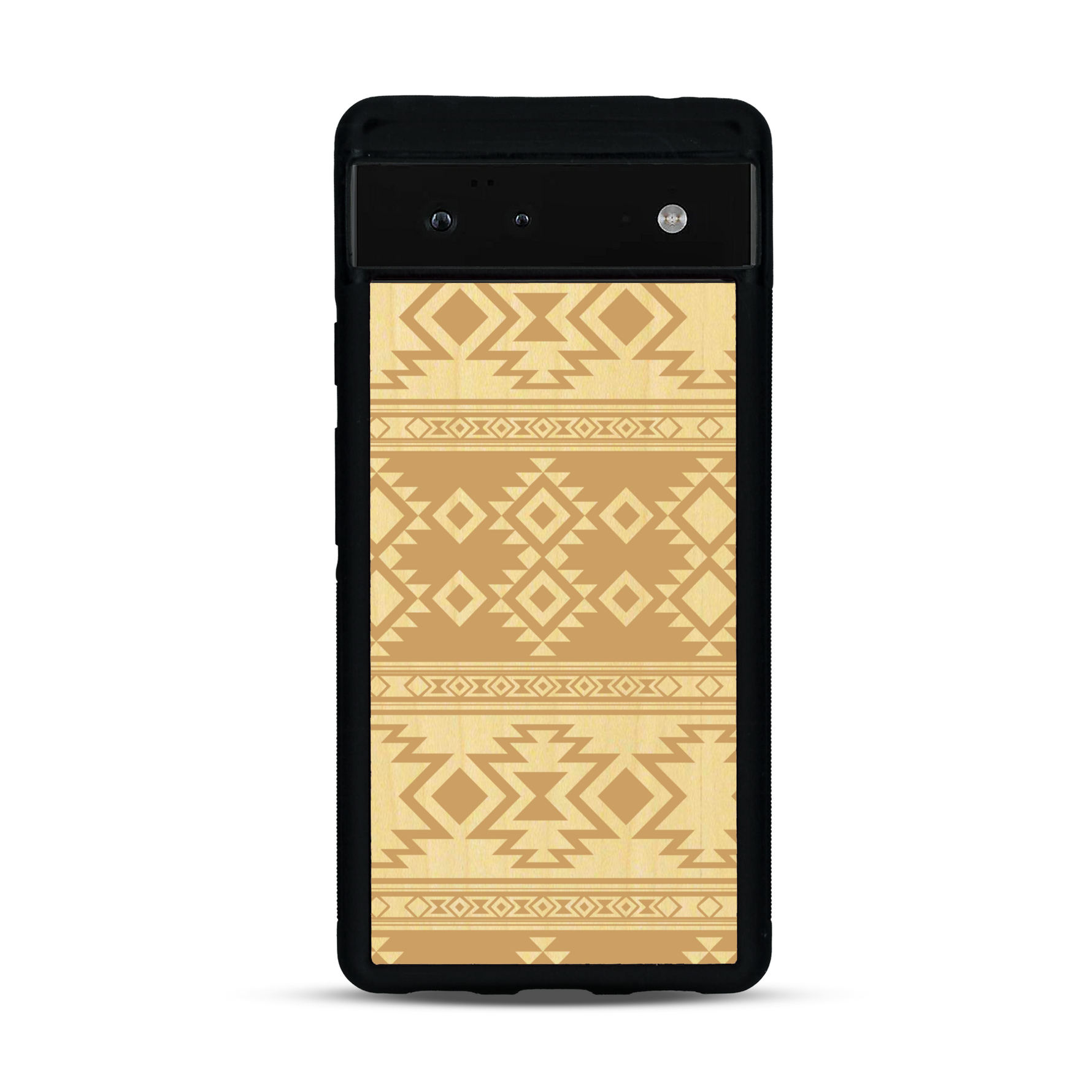 Coque de protection en bois véritable fabriquée en France pour  avec des motifs géométriques s'inspirant des temples aztèques, mayas et incas