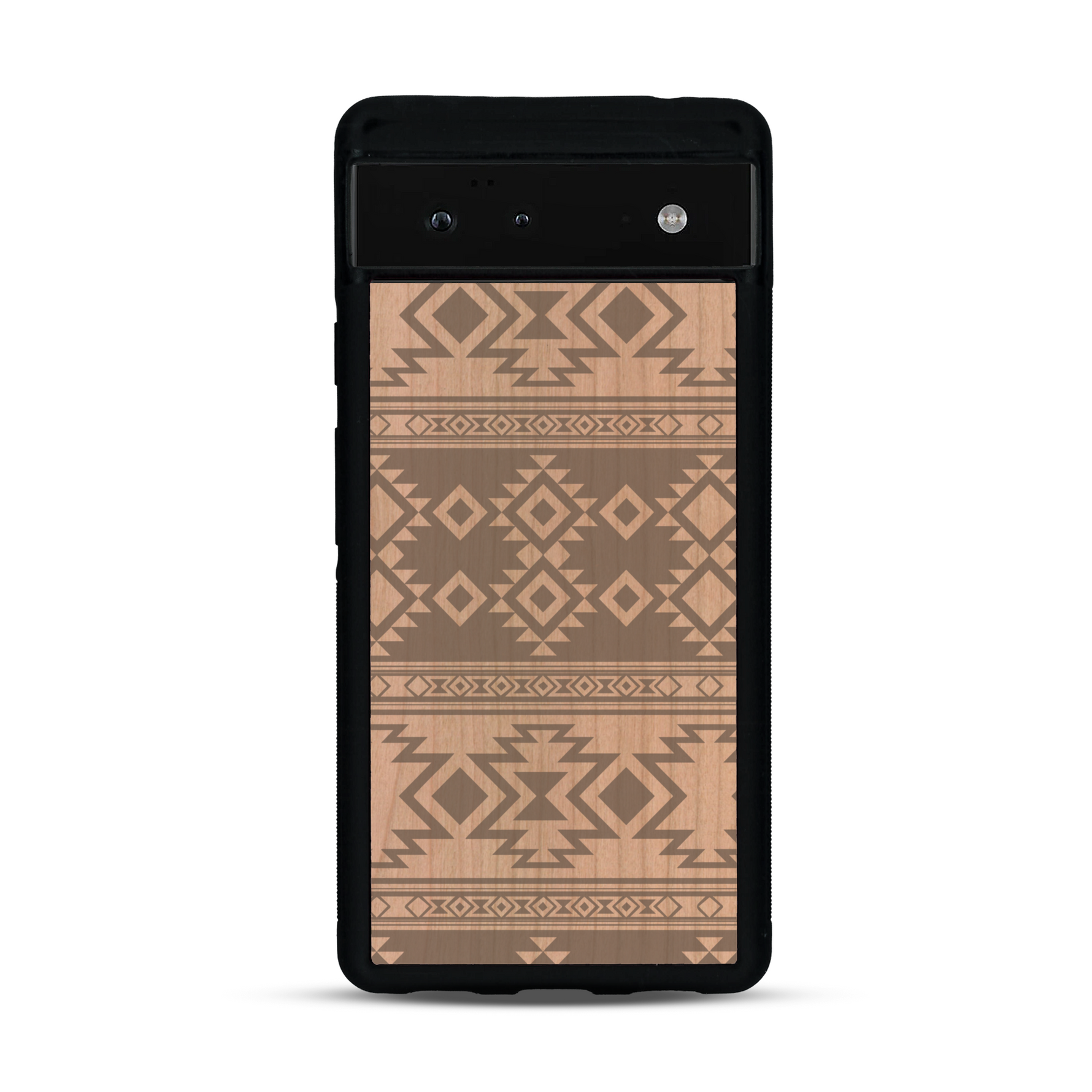 Coque de protection en bois véritable fabriquée en France pour  avec des motifs géométriques s'inspirant des temples aztèques, mayas et incas