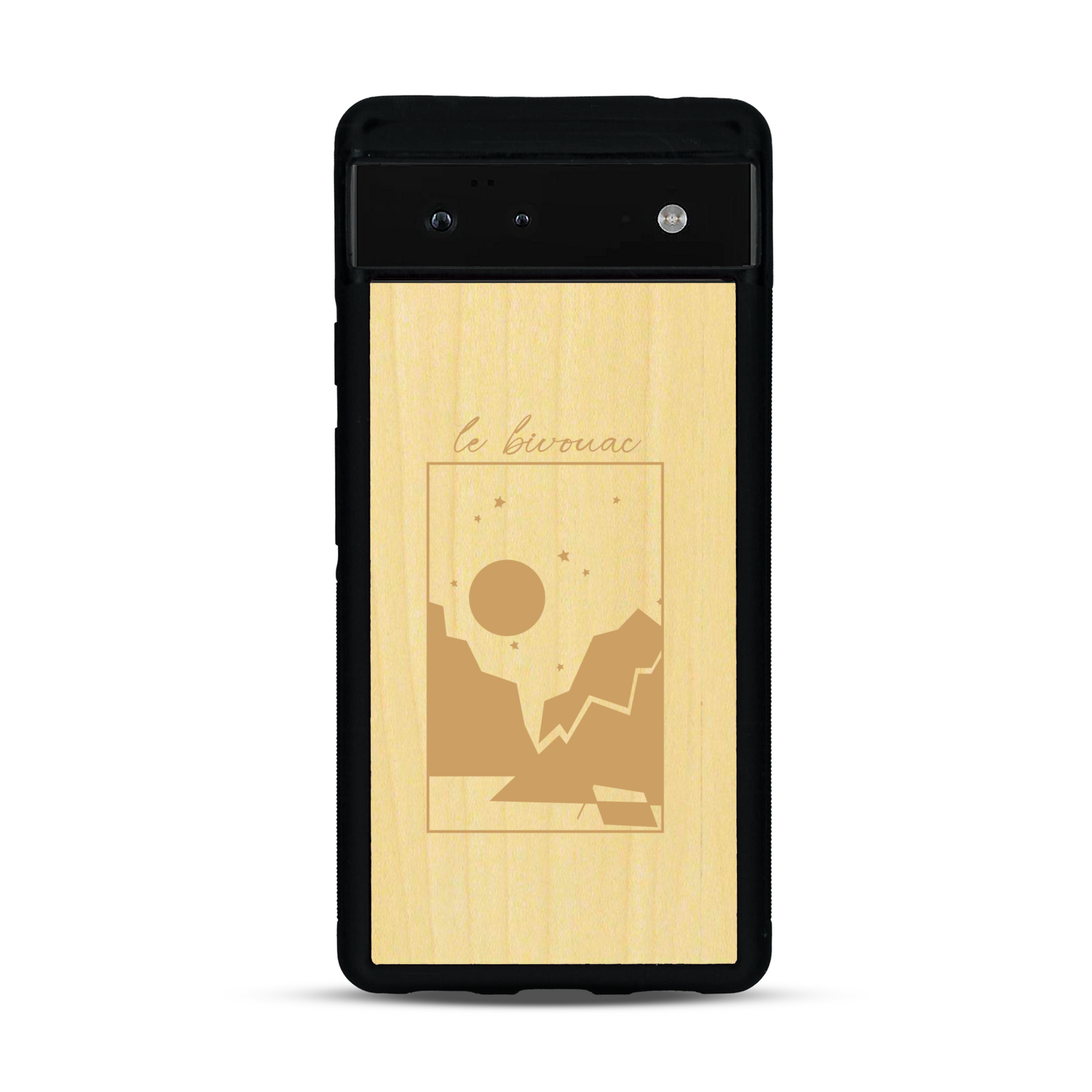 Coque de protection en bois véritable fabriquée en France pour  sur le thème du camping en pleine nature et du bivouac avec la phrase "Aventure is out there"