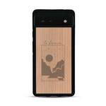 Coque de protection en bois véritable fabriquée en France pour  sur le thème du camping en pleine nature et du bivouac avec la phrase "Aventure is out there"