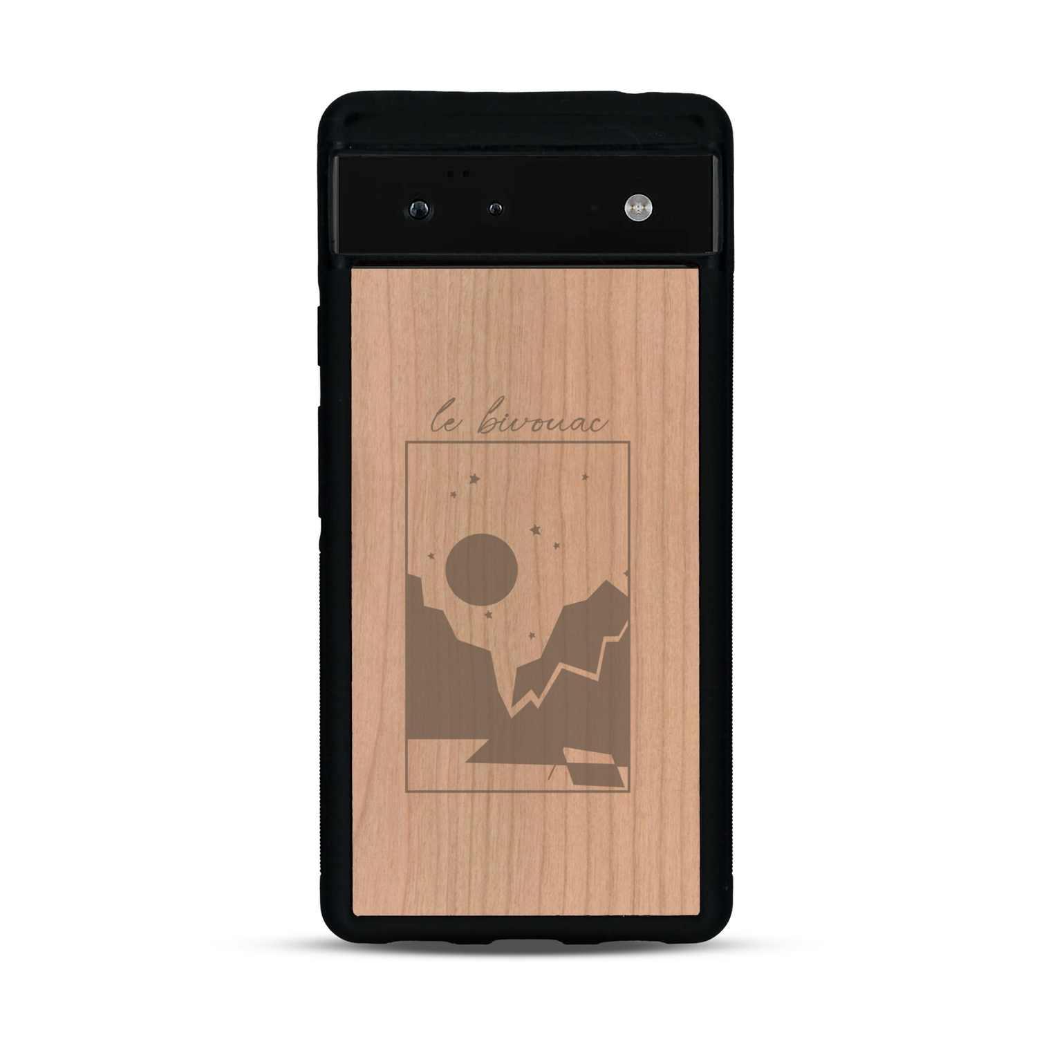Coque de protection en bois véritable fabriquée en France pour  sur le thème du camping en pleine nature et du bivouac avec la phrase "Aventure is out there"