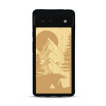 Coque de protection en bois véritable fabriquée en France pour  sur le thème du camping en pleine nature représentant une tente avec un feu de camp entouré de montagnes