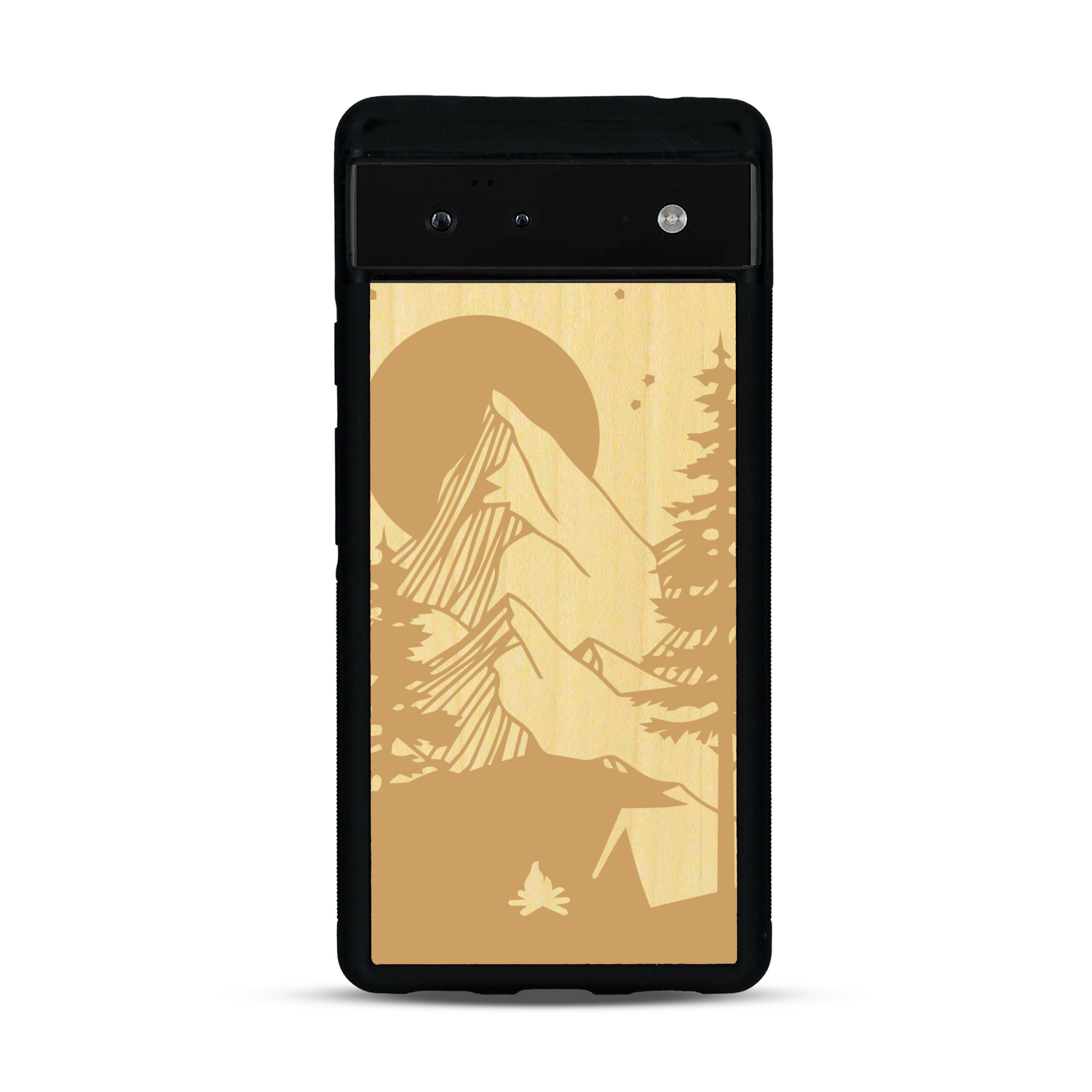 Coque de protection en bois véritable fabriquée en France pour  sur le thème du camping en pleine nature représentant une tente avec un feu de camp entouré de montagnes