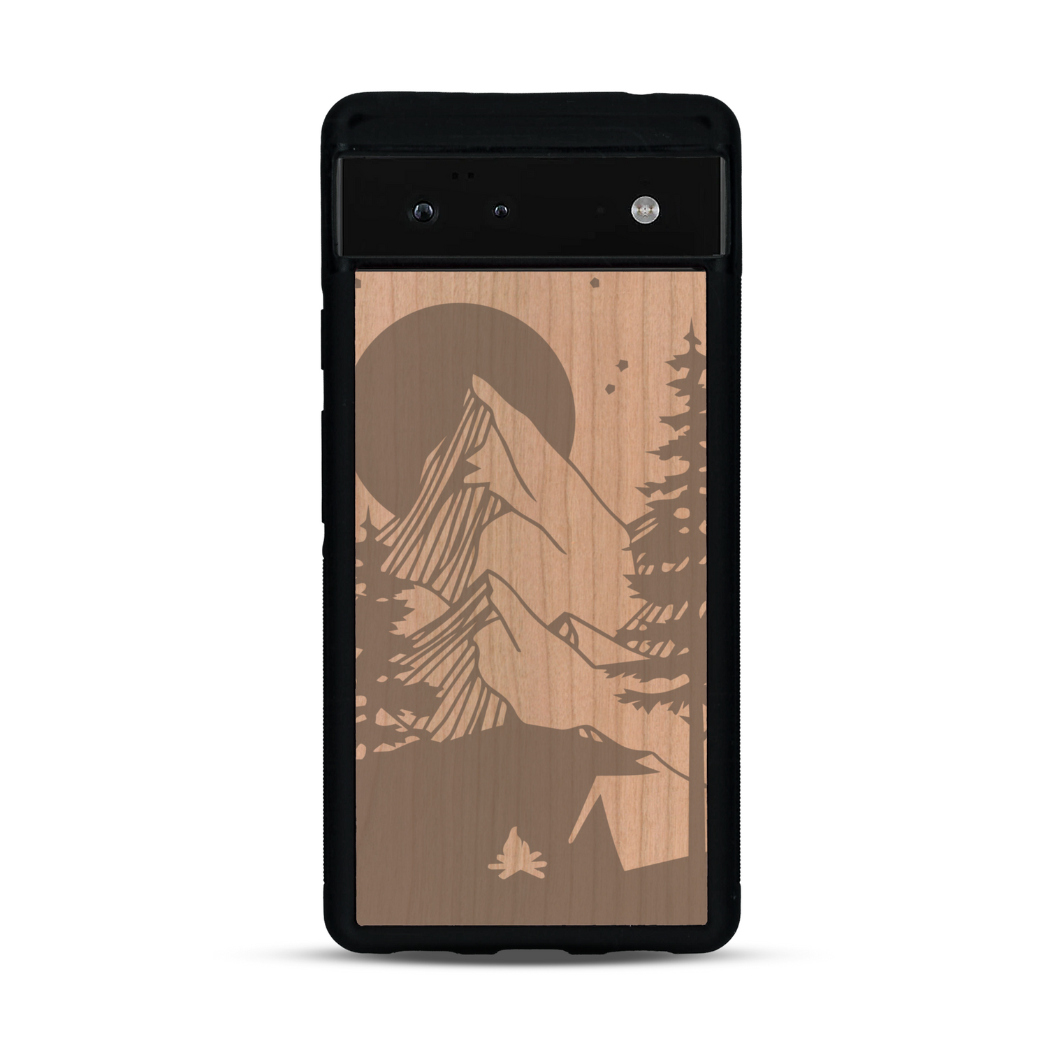 Coque de protection en bois véritable fabriquée en France pour  sur le thème du camping en pleine nature représentant une tente avec un feu de camp entouré de montagnes