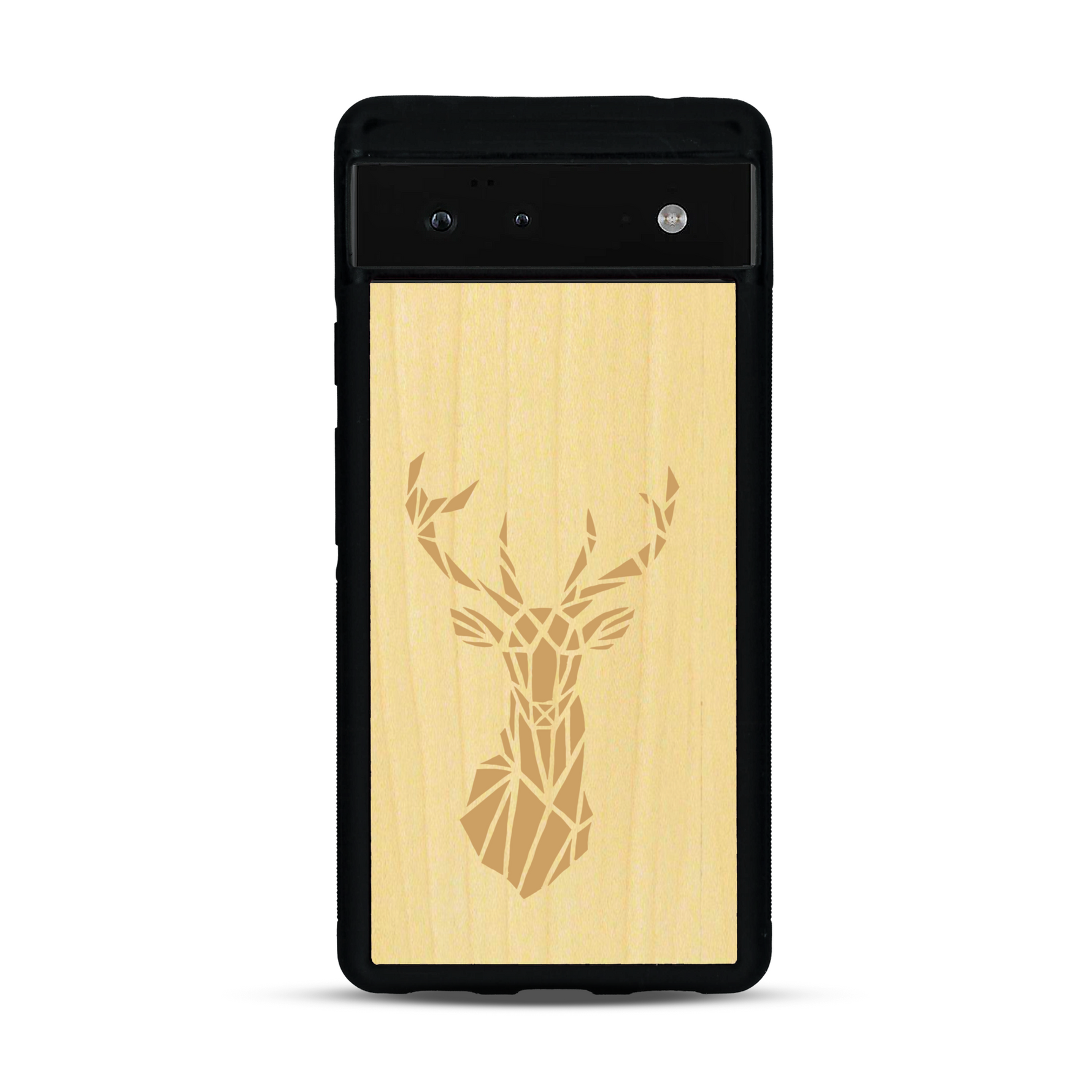 Coque de protection en bois véritable fabriquée en France pour  sur le thème de la nature et des animaux représentant une tête de cerf gométrique avec un design moderne et minimaliste