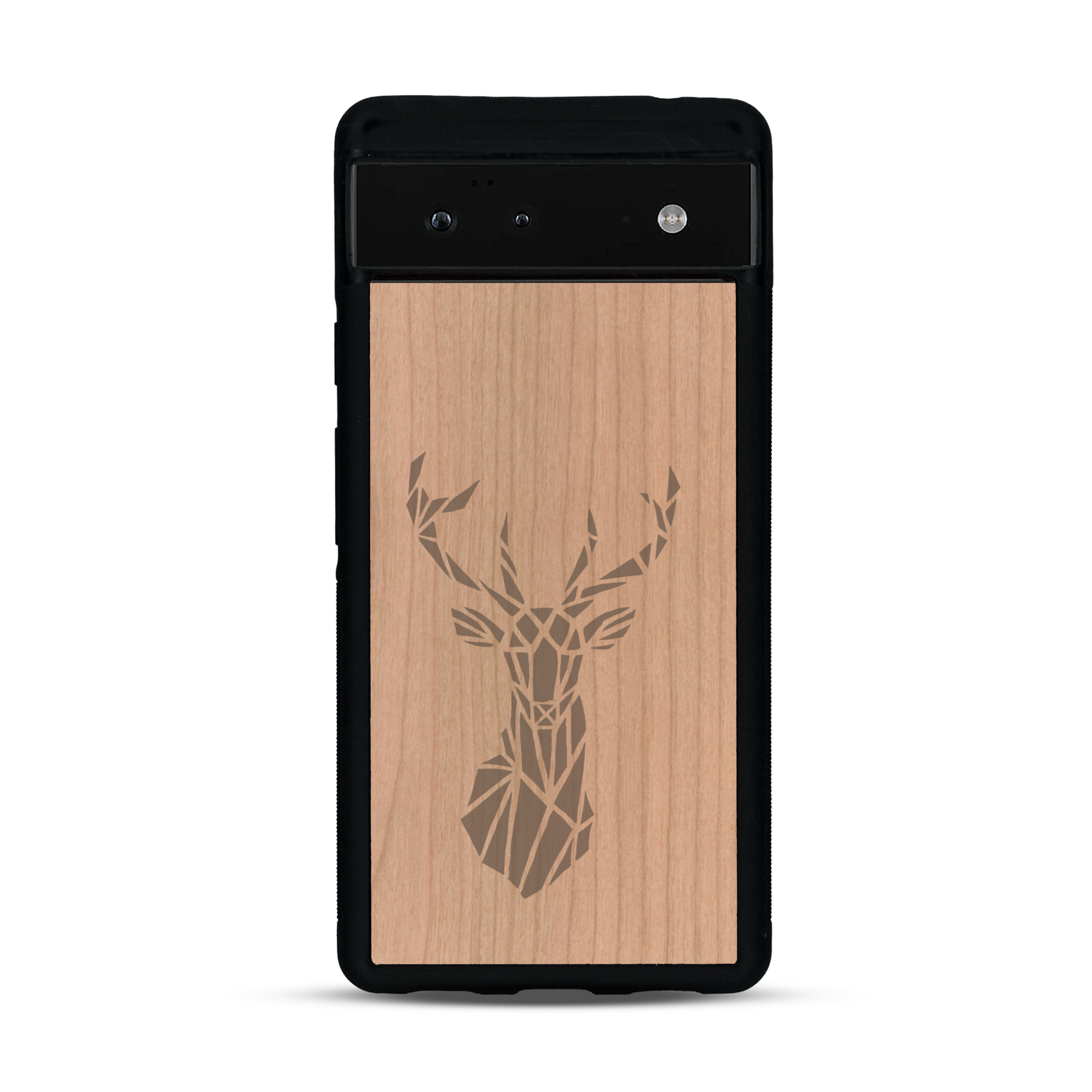Coque de protection en bois véritable fabriquée en France pour  sur le thème de la nature et des animaux représentant une tête de cerf gométrique avec un design moderne et minimaliste