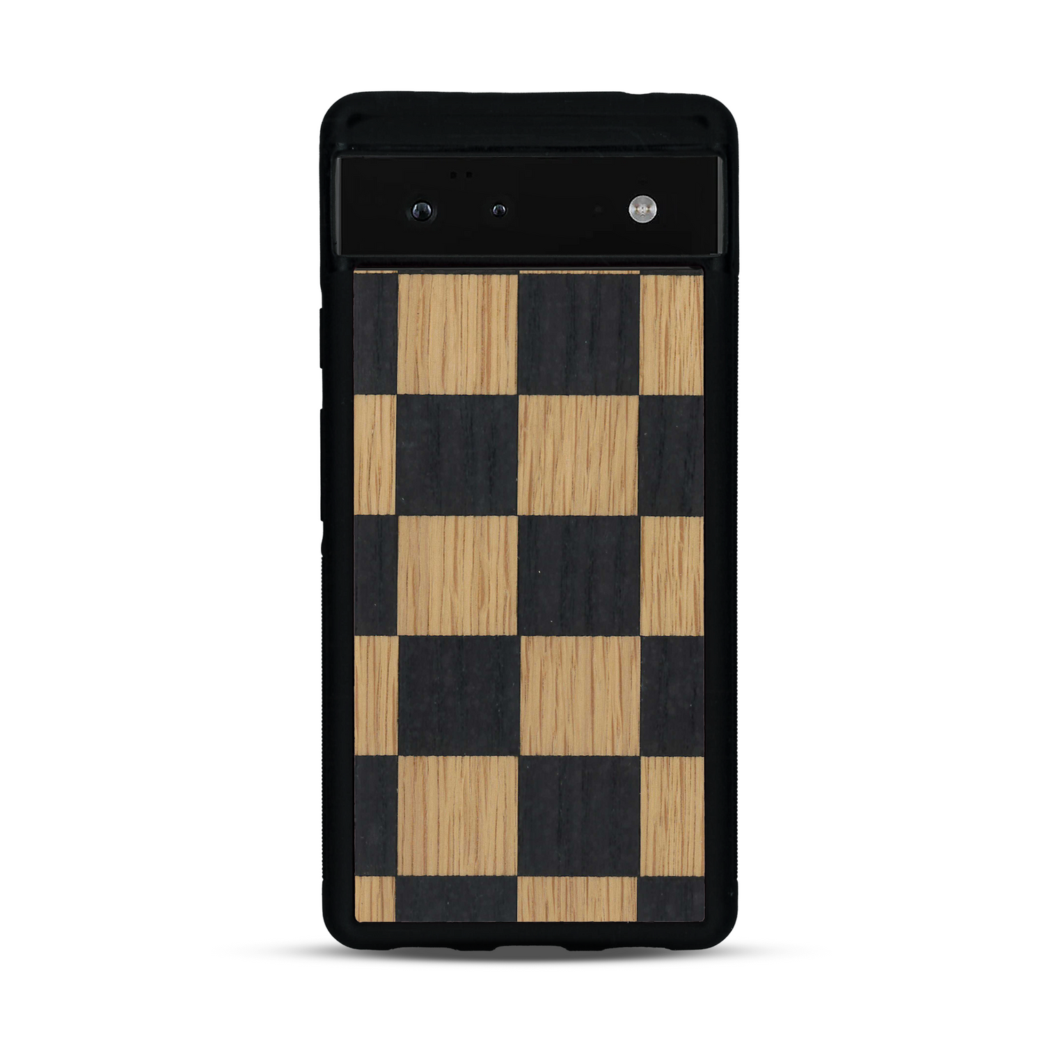 Coque de protection en bois véritable fabriquée en France pour  alliant plusieurs essences de bois pour représenter un damier