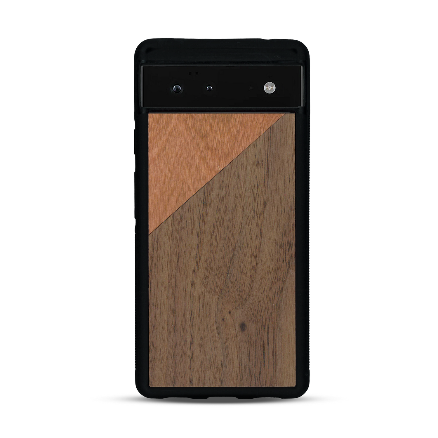 Coque de protection en bois véritable fabriquée en France pour  alliant du merisier et du noyer formant chacun un triangle avec une jointure en diagonale sur le thème de l'art abstrait