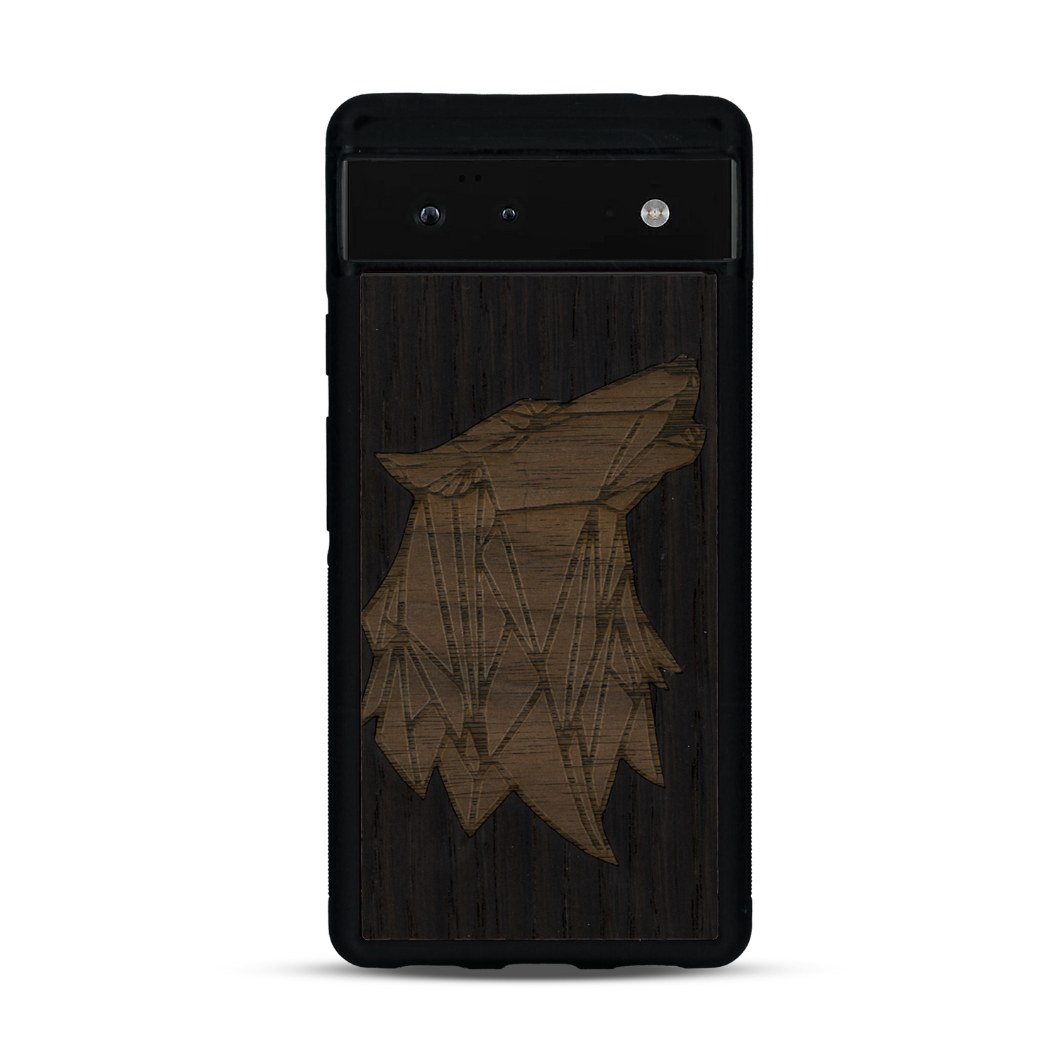 Coque de protection en bois véritable fabriquée en France pour  alliant du chêne fumé et du noyer représentant une tête de loup géométrique de profil sur le thème des animaux et de la nature